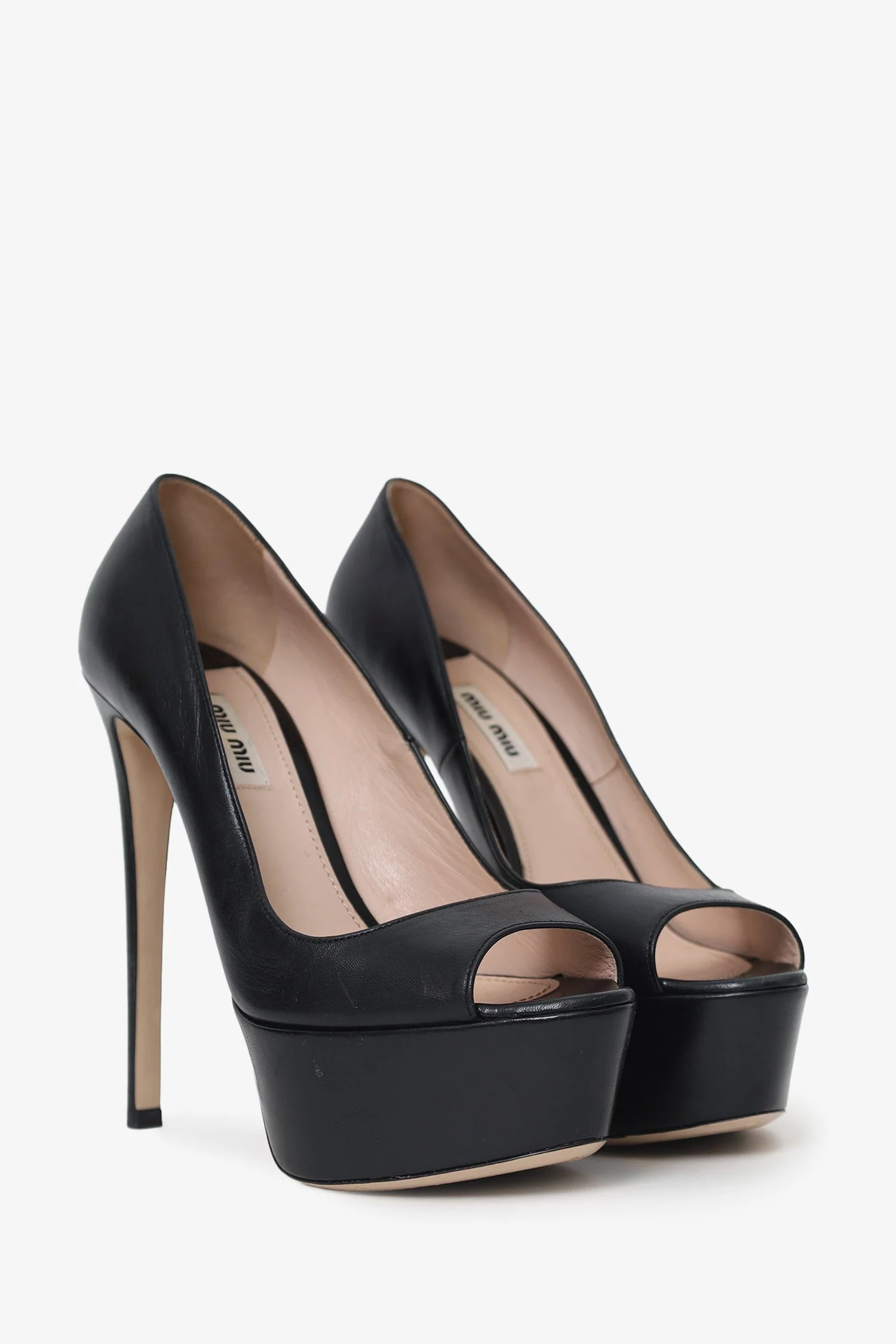 Miu Miu Black Leather Peep Toe Heels Size 38 - Image 2
