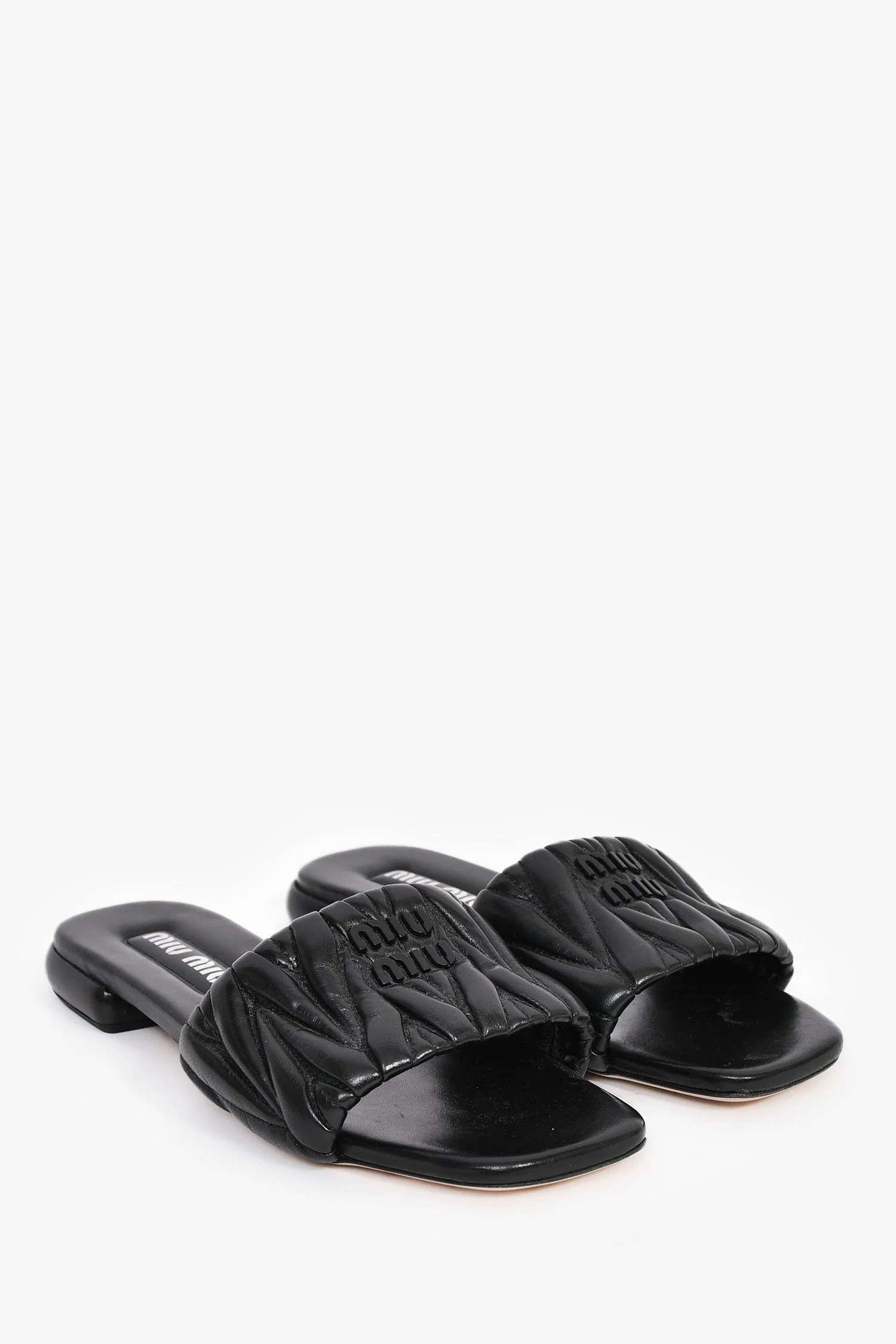 Miu Miu Black Matelasse Leather Logo Slides Size 39 - Image 2