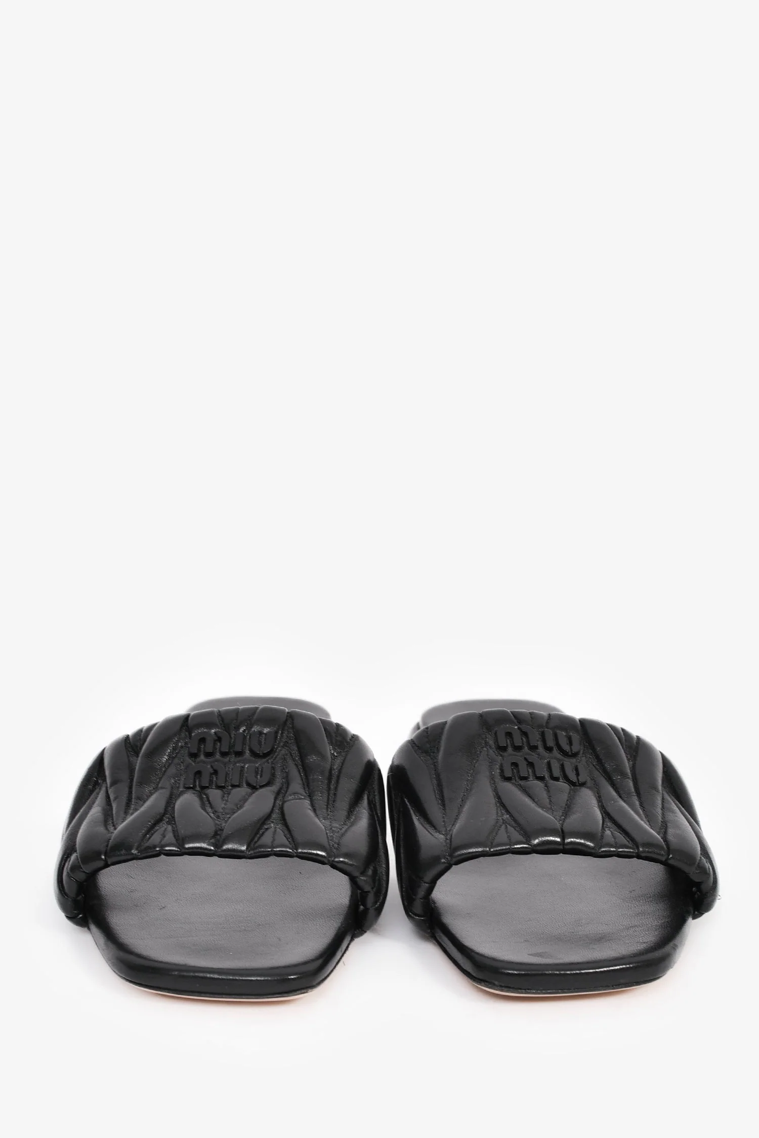 Miu Miu Black Matelasse Leather Logo Slides Size 39 - Image 3