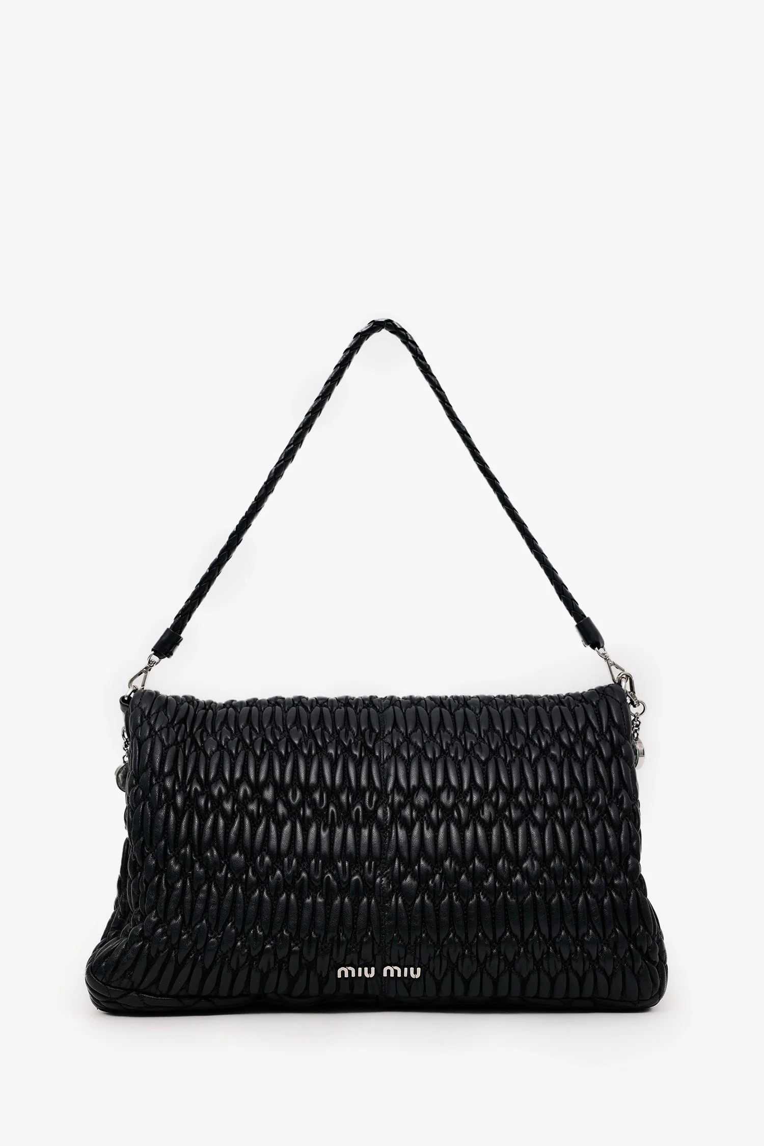 Miu Miu Black Matelasse Nappa Leather Crystal Embellished Shoulder Bag With Strap - Image 2