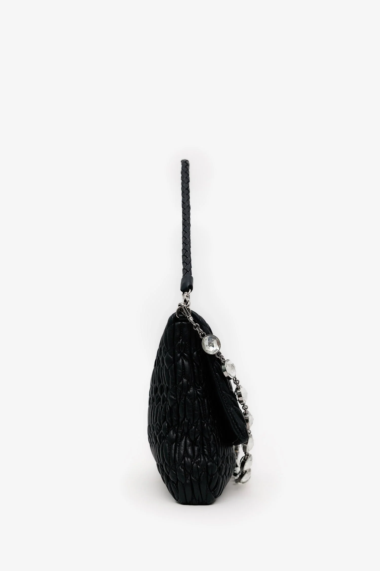 Miu Miu Black Matelasse Nappa Leather Crystal Embellished Shoulder Bag With Strap - Image 3
