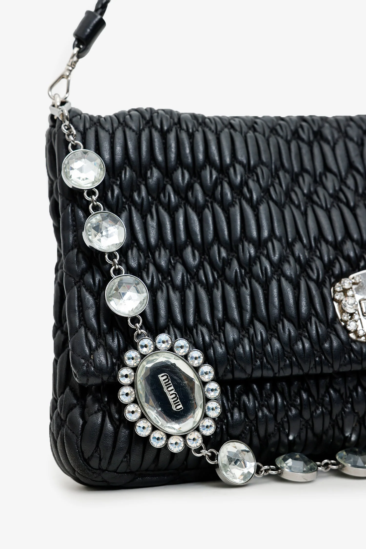 Miu Miu Black Matelasse Nappa Leather Crystal Embellished Shoulder Bag With Strap - Image 2