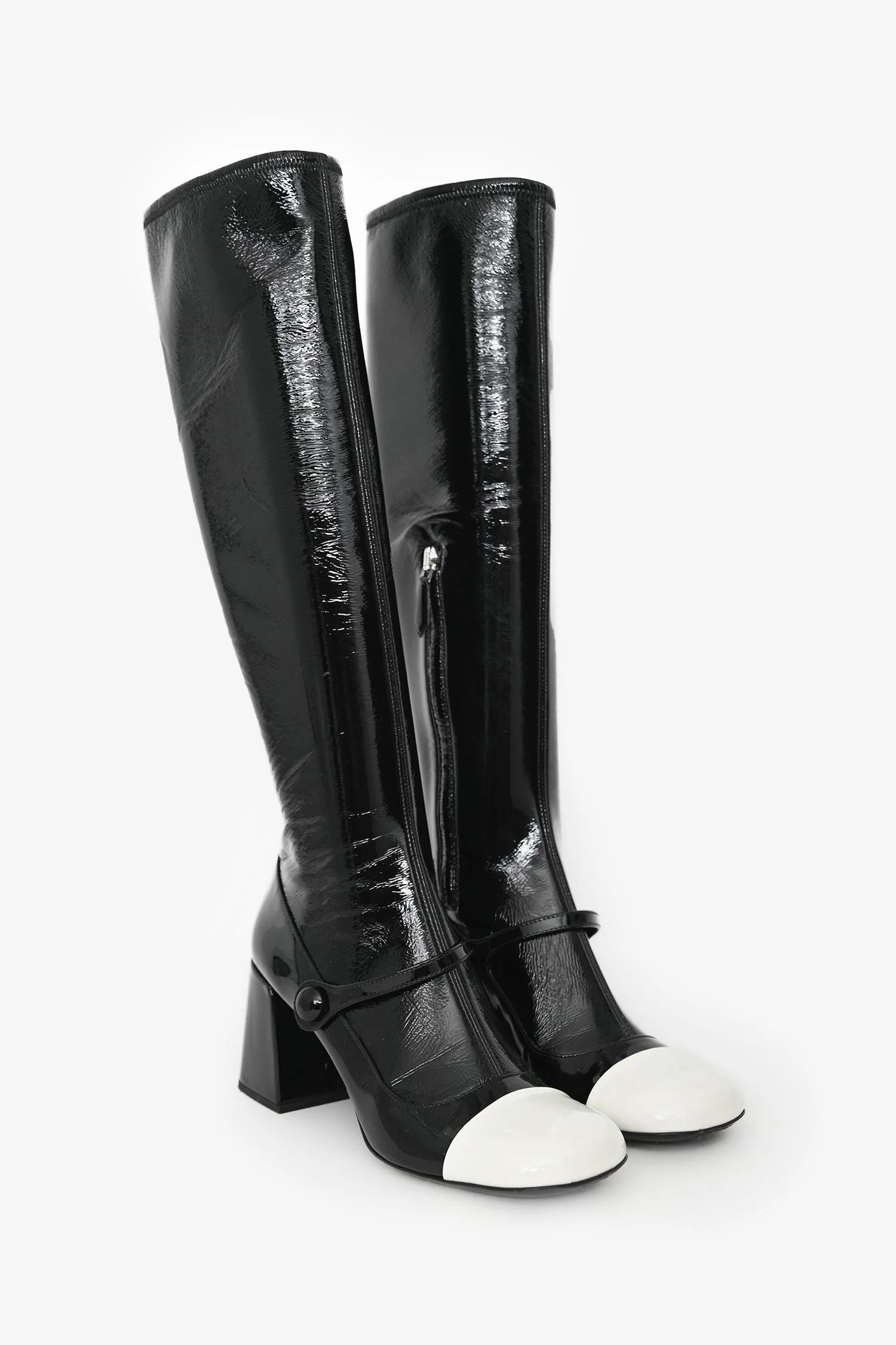 Miu Miu Black/White Patent Mary Jane Knee High Boots Size 37 - Image 2