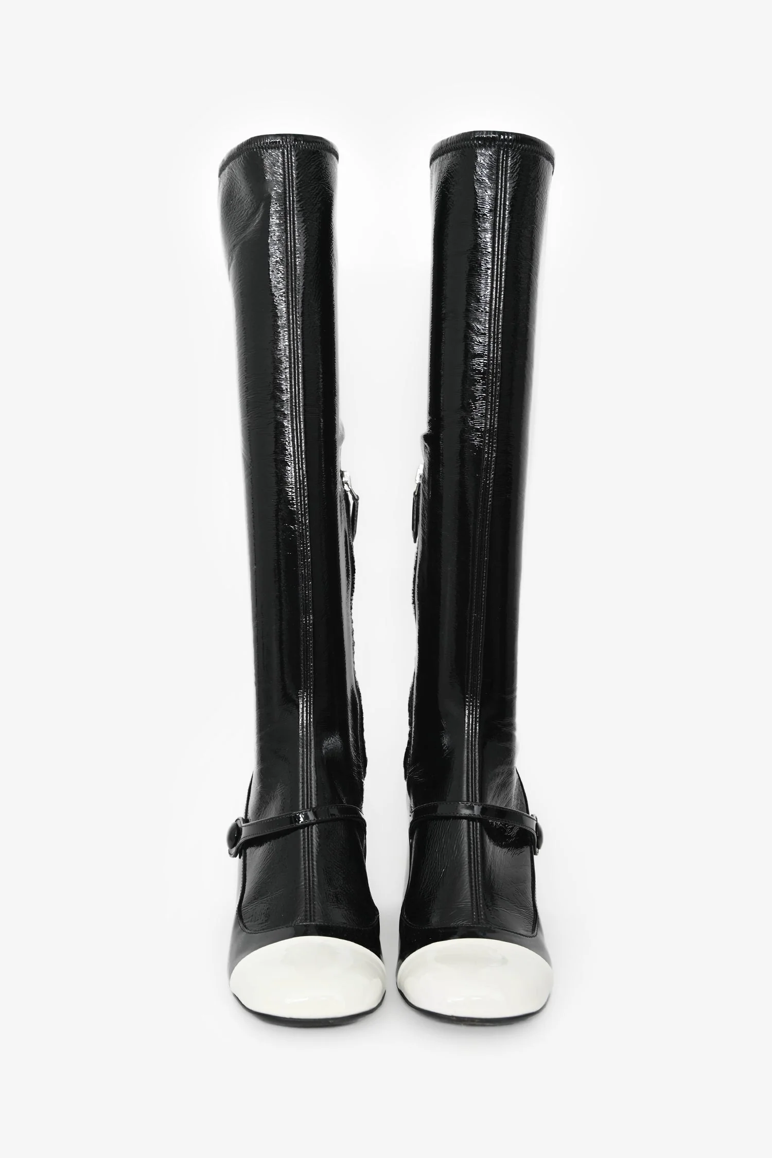 Miu Miu Black/White Patent Mary Jane Knee High Boots Size 37 - Image 3