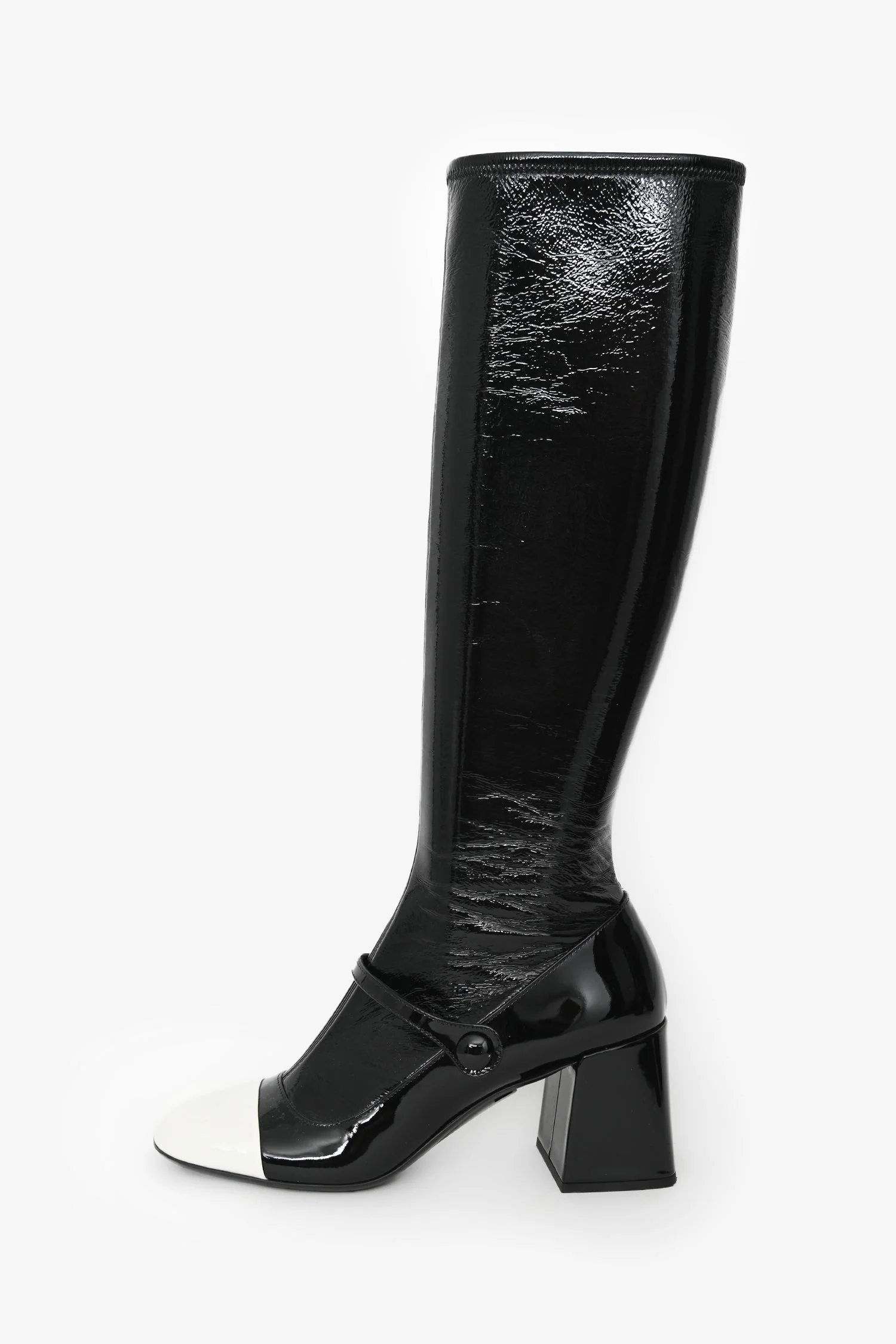 Miu Miu Black/White Patent Mary Jane Knee High Boots Size 37 - Image 4