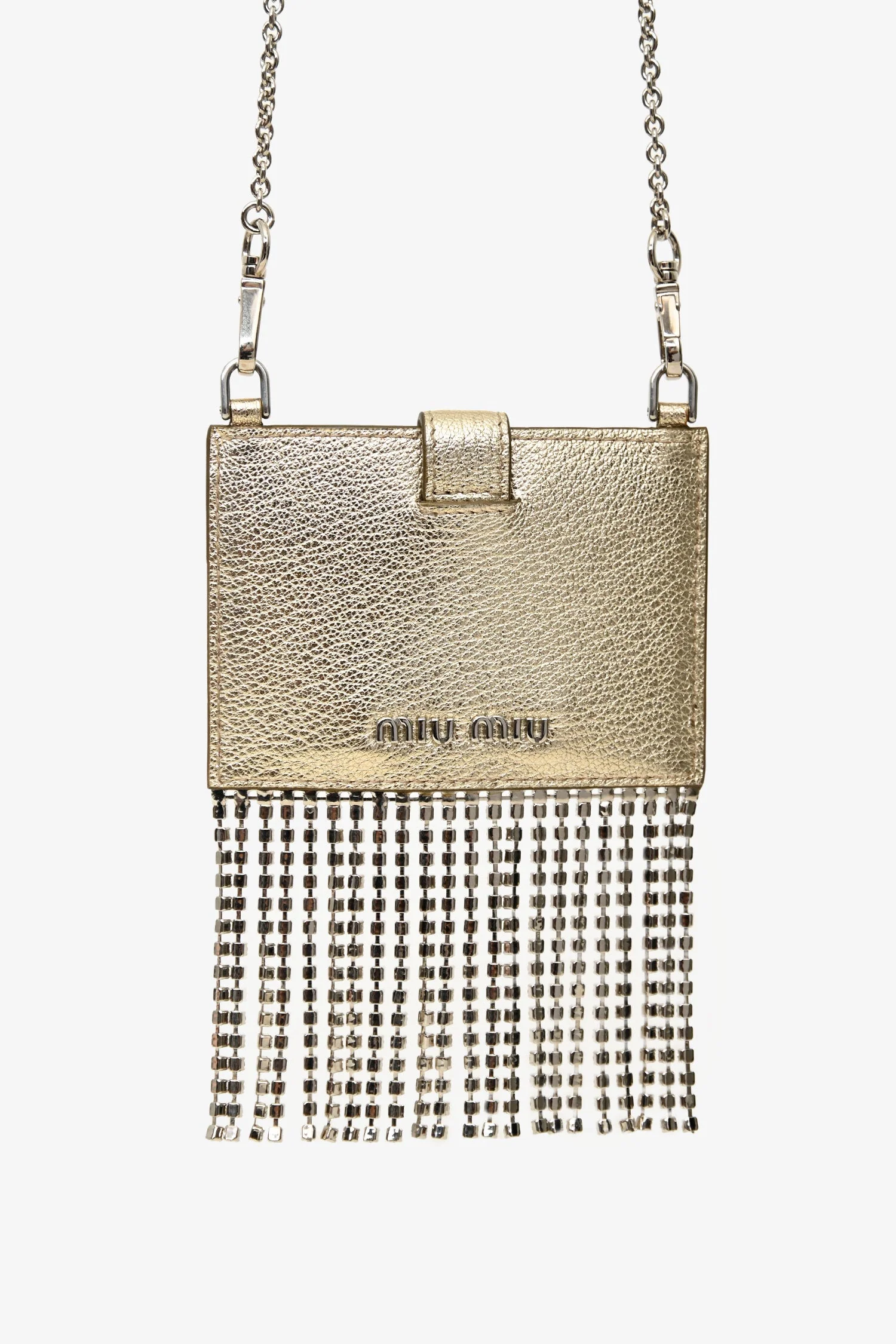 Miu Miu Gold Metallic Leather Crystal Embellished Fringe Card Hold With Chain - Image 2