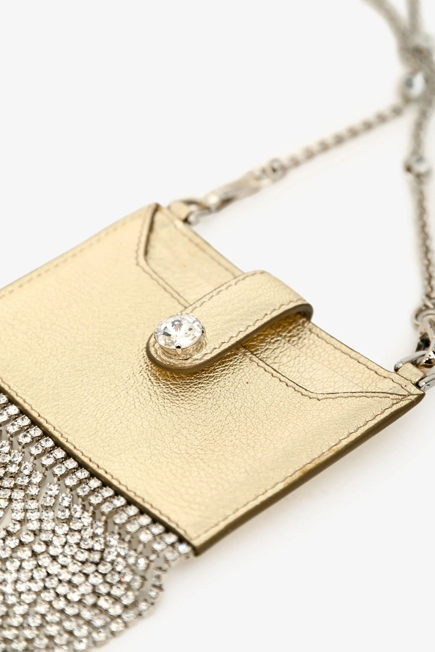 Miu Miu Gold Metallic Leather Crystal Embellished Fringe Card Hold With Chain - Image 3