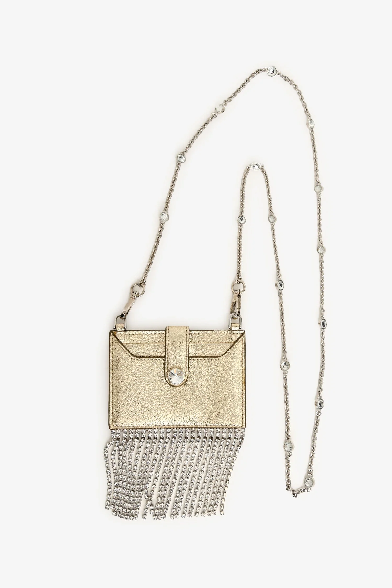 Miu Miu Gold Metallic Leather Crystal Embellished Fringe Card Hold With Chain - Image 4
