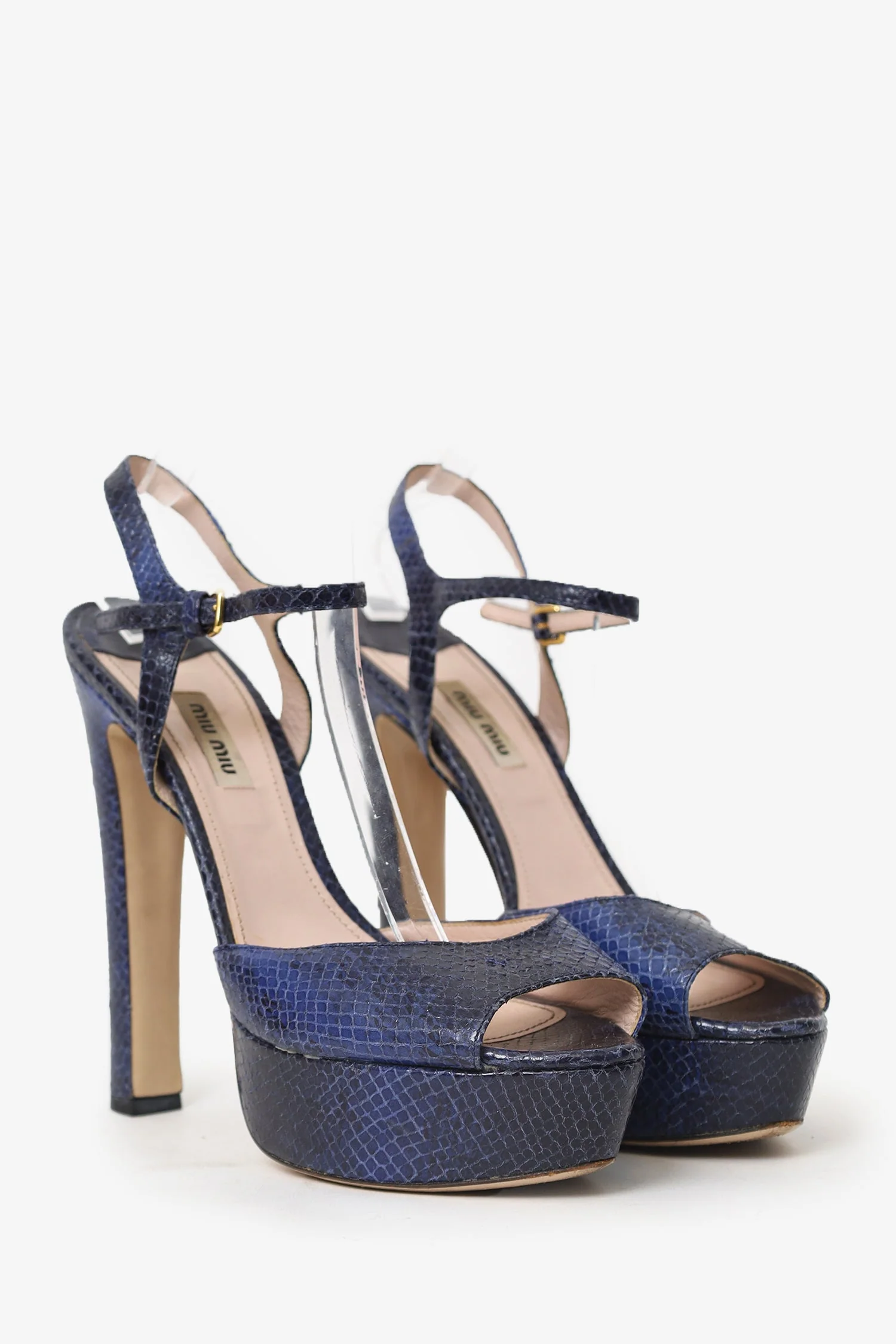 Miu Miu Navy Blue Snake Skin Platform Peep Toe Platforms Size 39 - Image 2