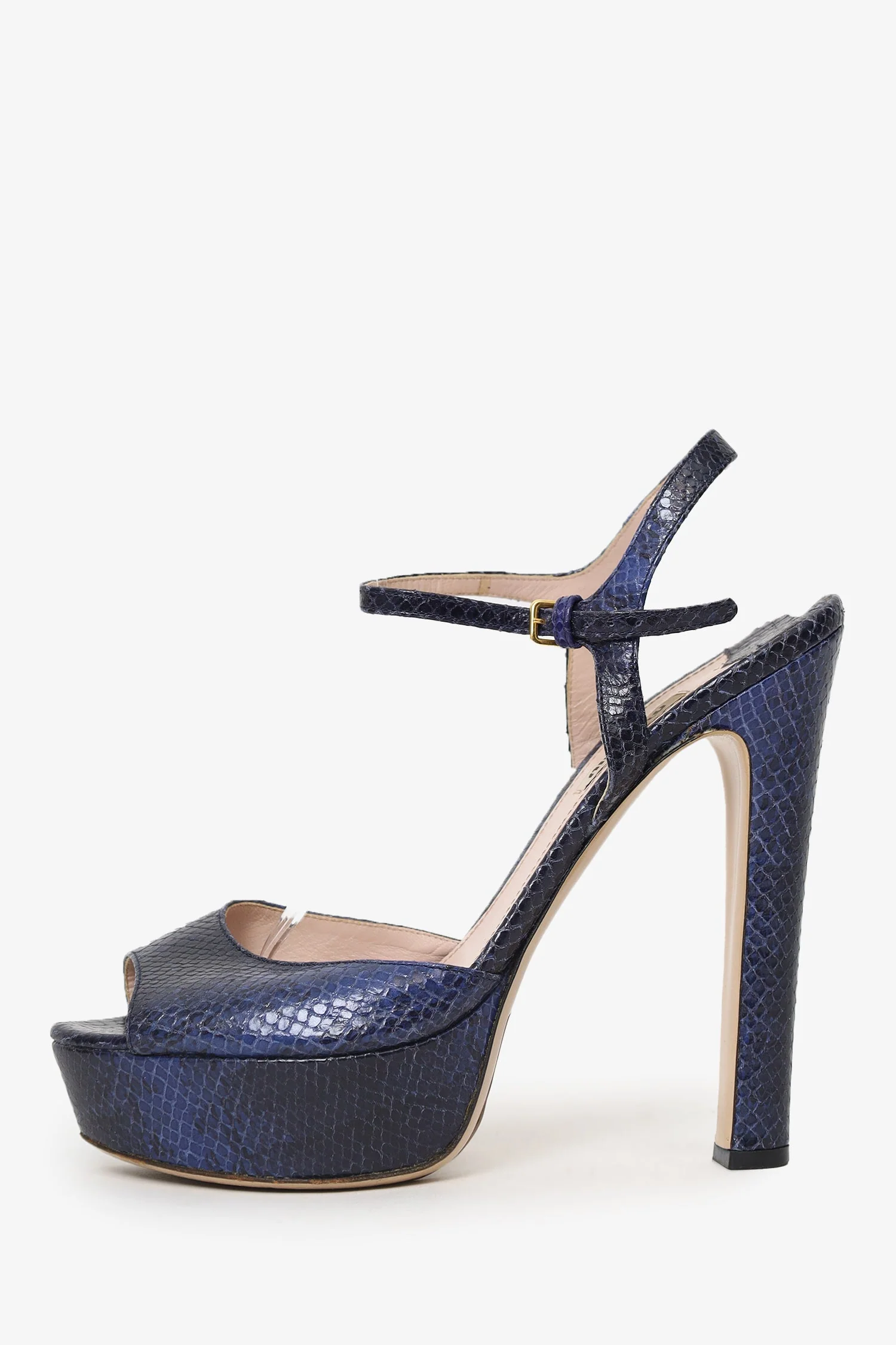Miu Miu Navy Blue Snake Skin Platform Peep Toe Platforms Size 39 - Image 4