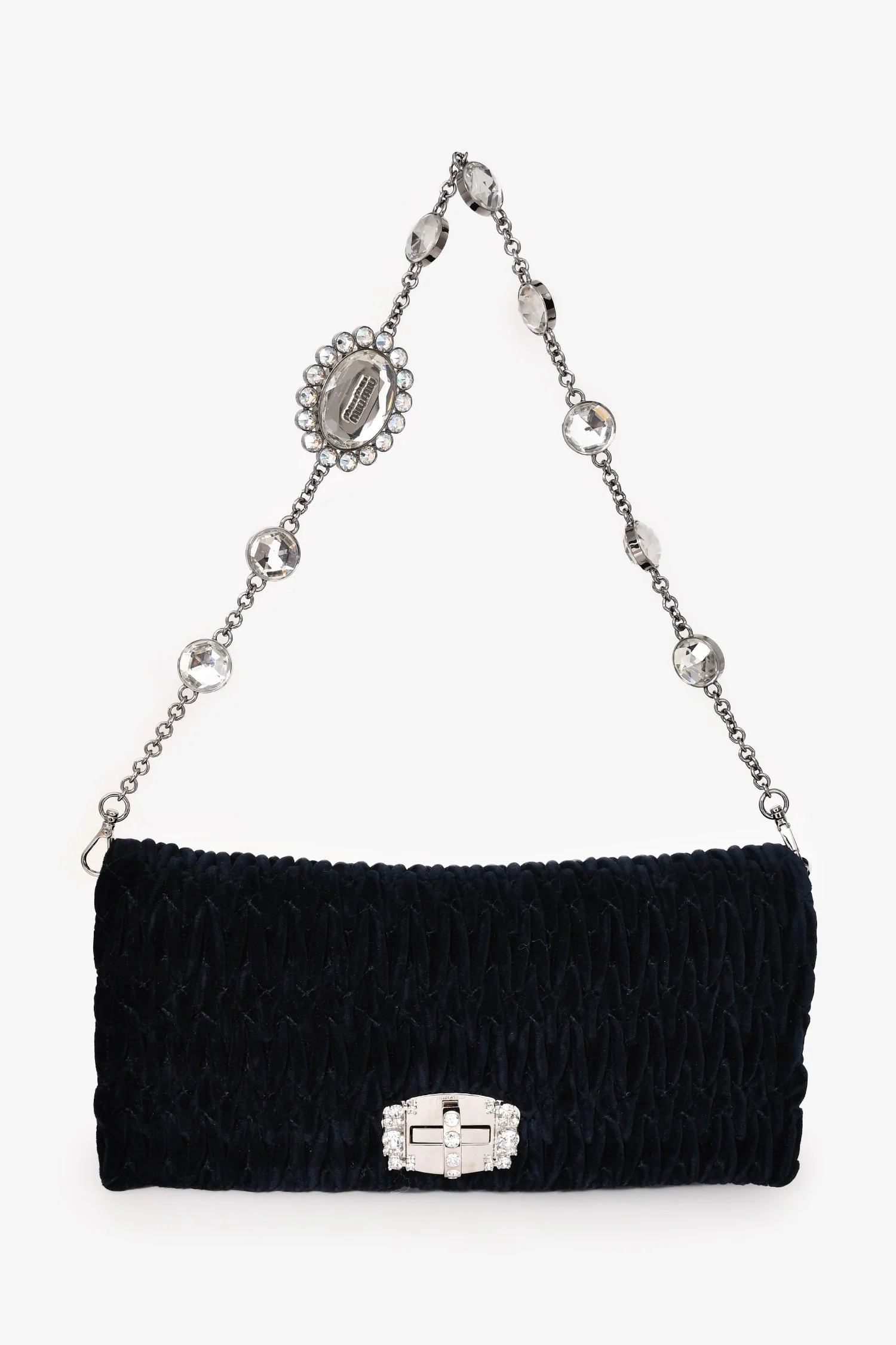 Miu Miu Navy Velvet Matelasse Crystal Flap Shoulder Bag with Strap - Image 7