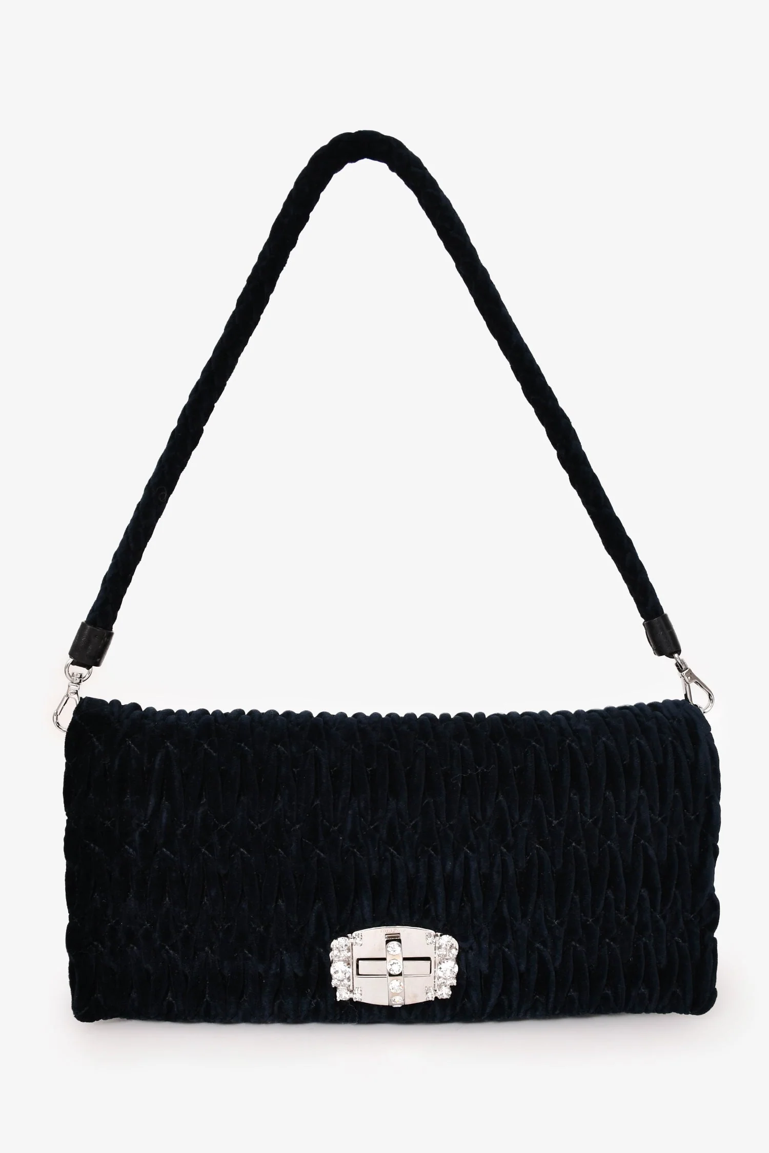 Miu Miu Navy Velvet Matelasse Crystal Flap Shoulder Bag with Strap - Image 8