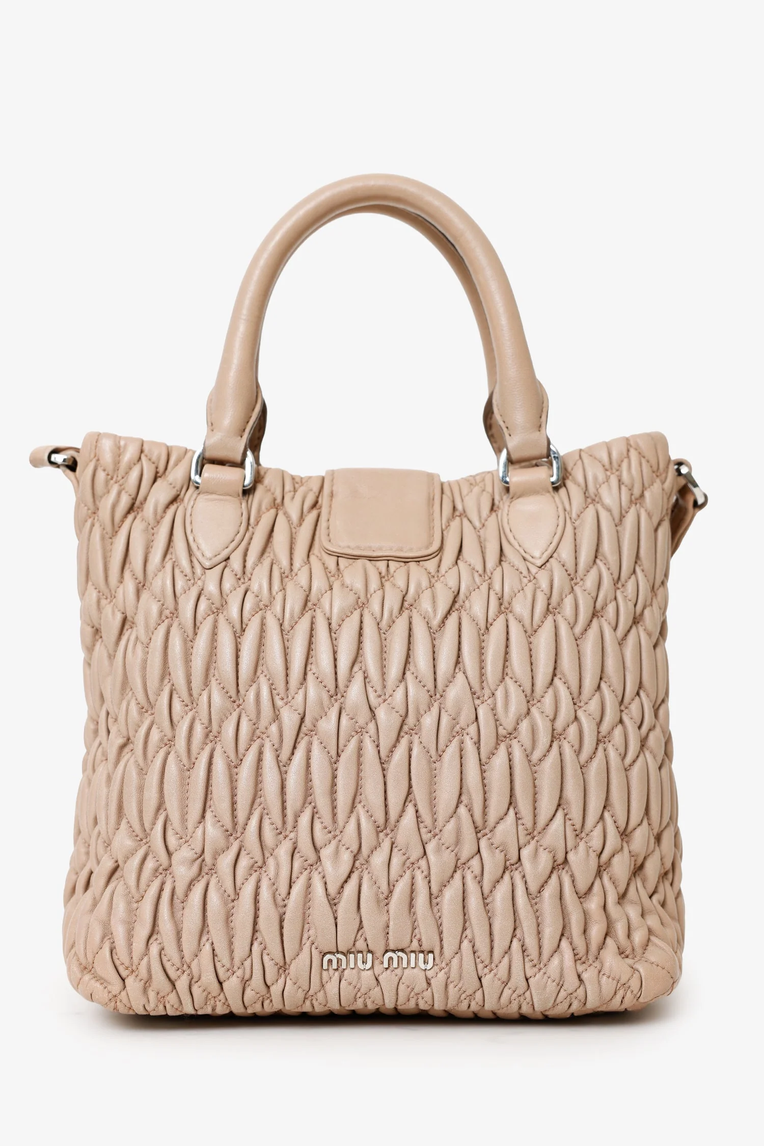 Miu Miu Nude Nappa Matelasse Leather Small Tote With Crystal Chain - Image 3
