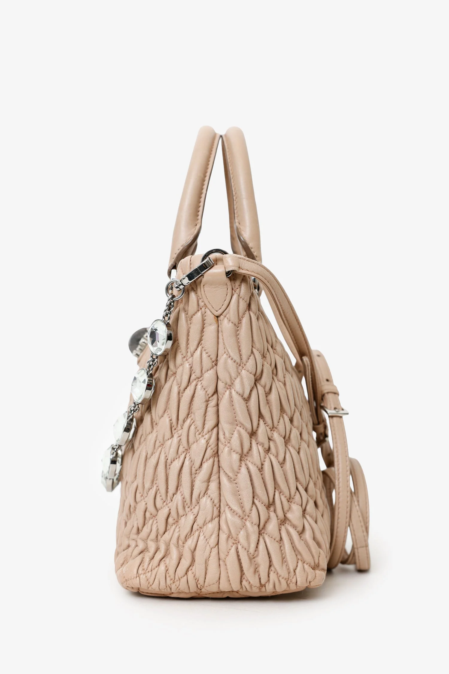 Miu Miu Nude Nappa Matelasse Leather Small Tote With Crystal Chain - Image 4