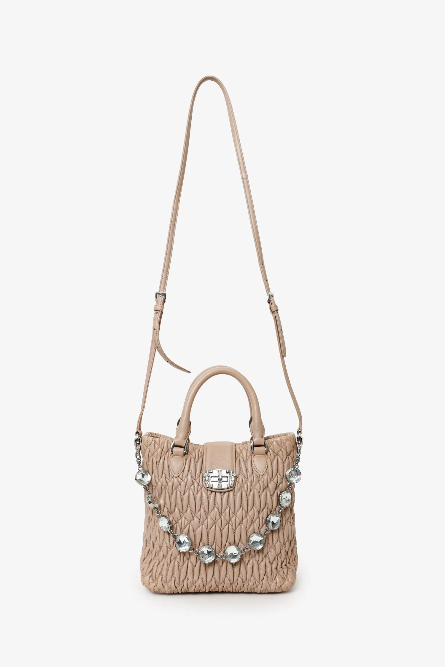 Miu Miu Nude Nappa Matelasse Leather Small Tote With Crystal Chain - Image 6