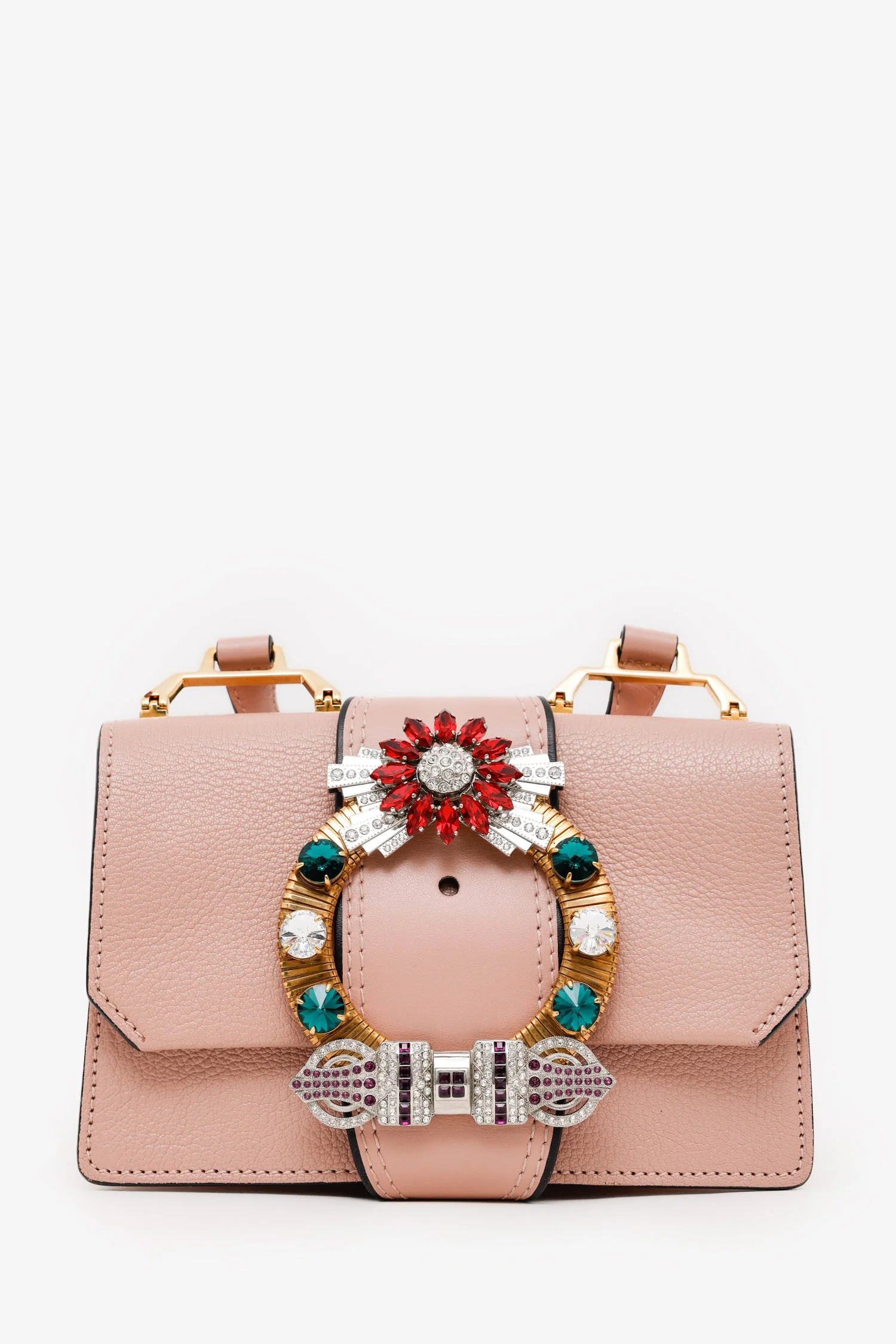 Miu Miu Pink Madras Leather Crystal Embellished Buckle Flap Shoulder Bag