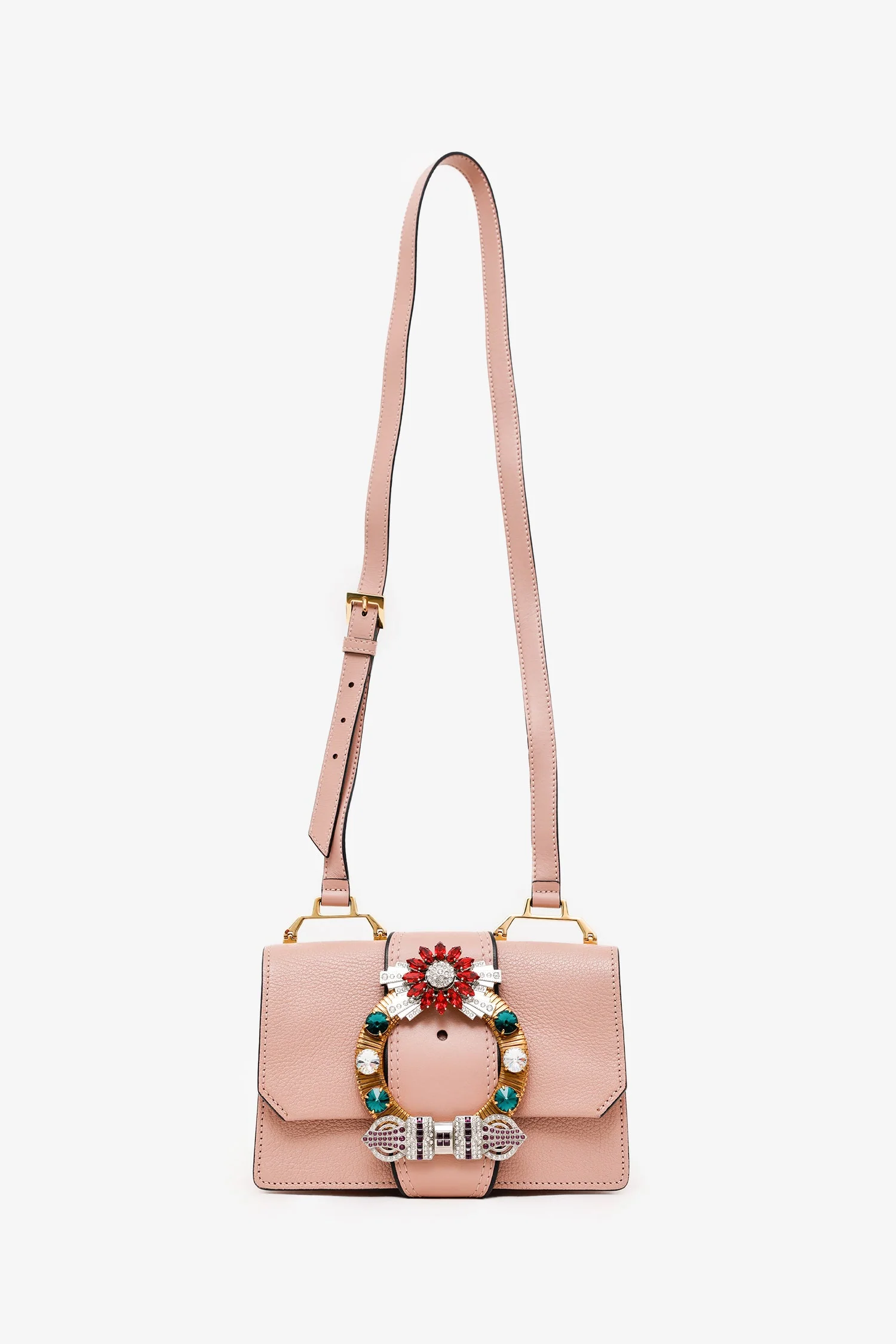Miu Miu Pink Madras Leather Crystal Embellished Buckle Flap Shoulder Bag - Image 7