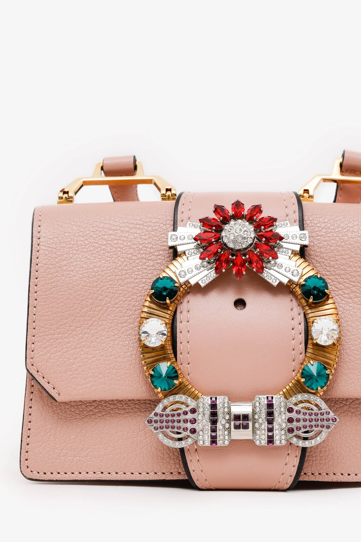 Miu Miu Pink Madras Leather Crystal Embellished Buckle Flap Shoulder Bag - Image 8