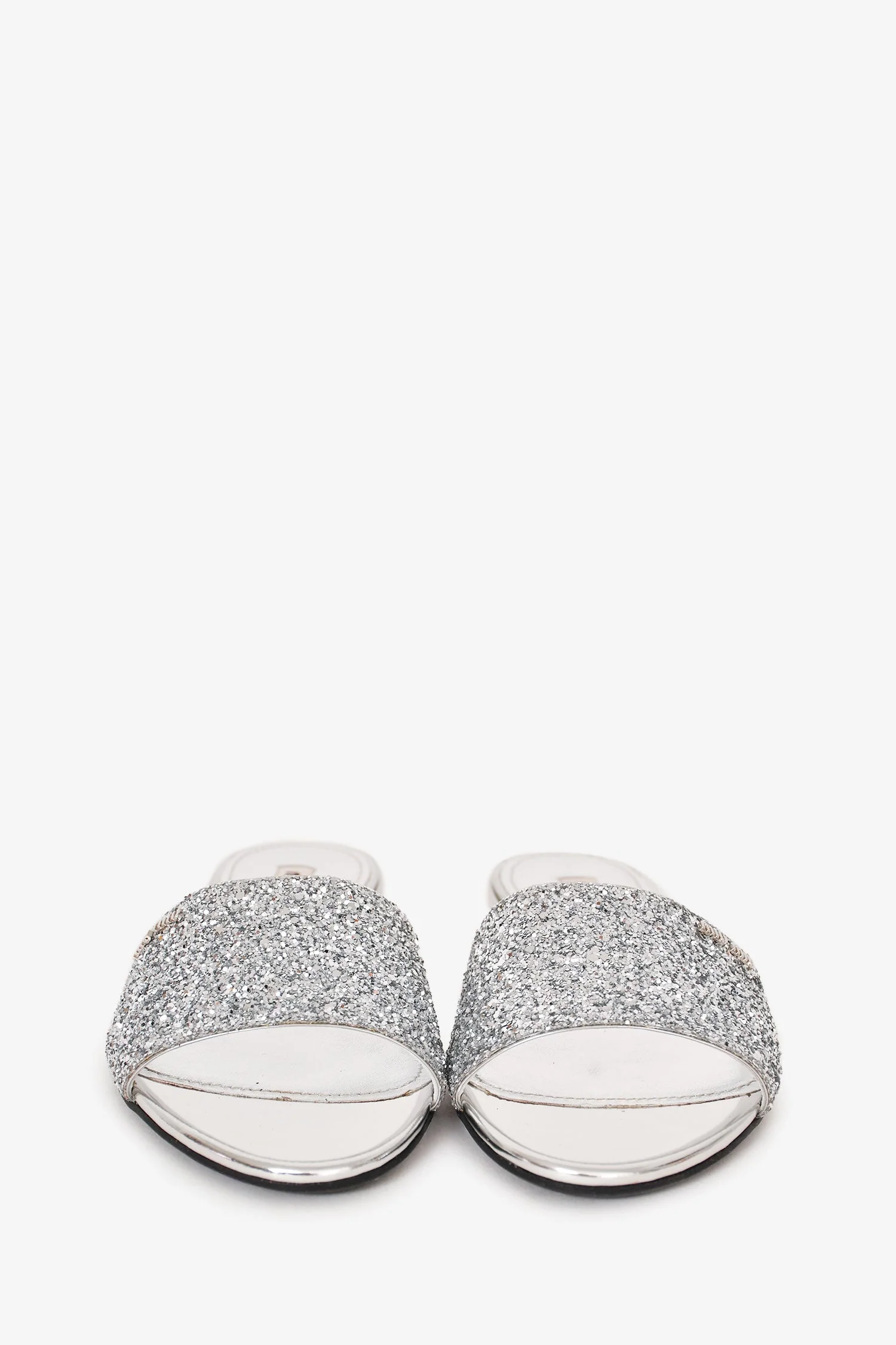 Miu Miu Silver Metallic Leather Glittered Slides Size 36 - Image 3