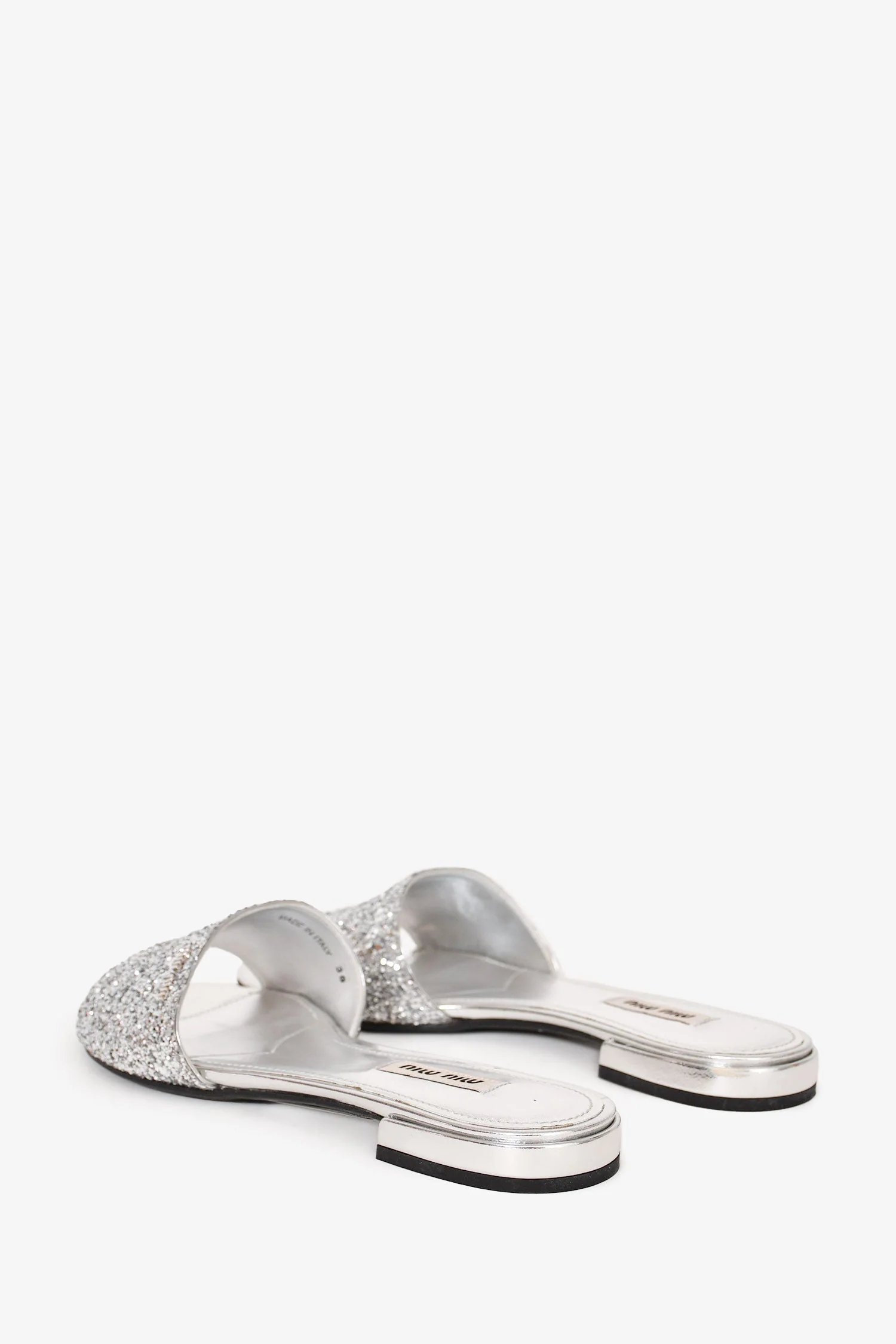 Miu Miu Silver Metallic Leather Glittered Slides Size 36 - Image 4