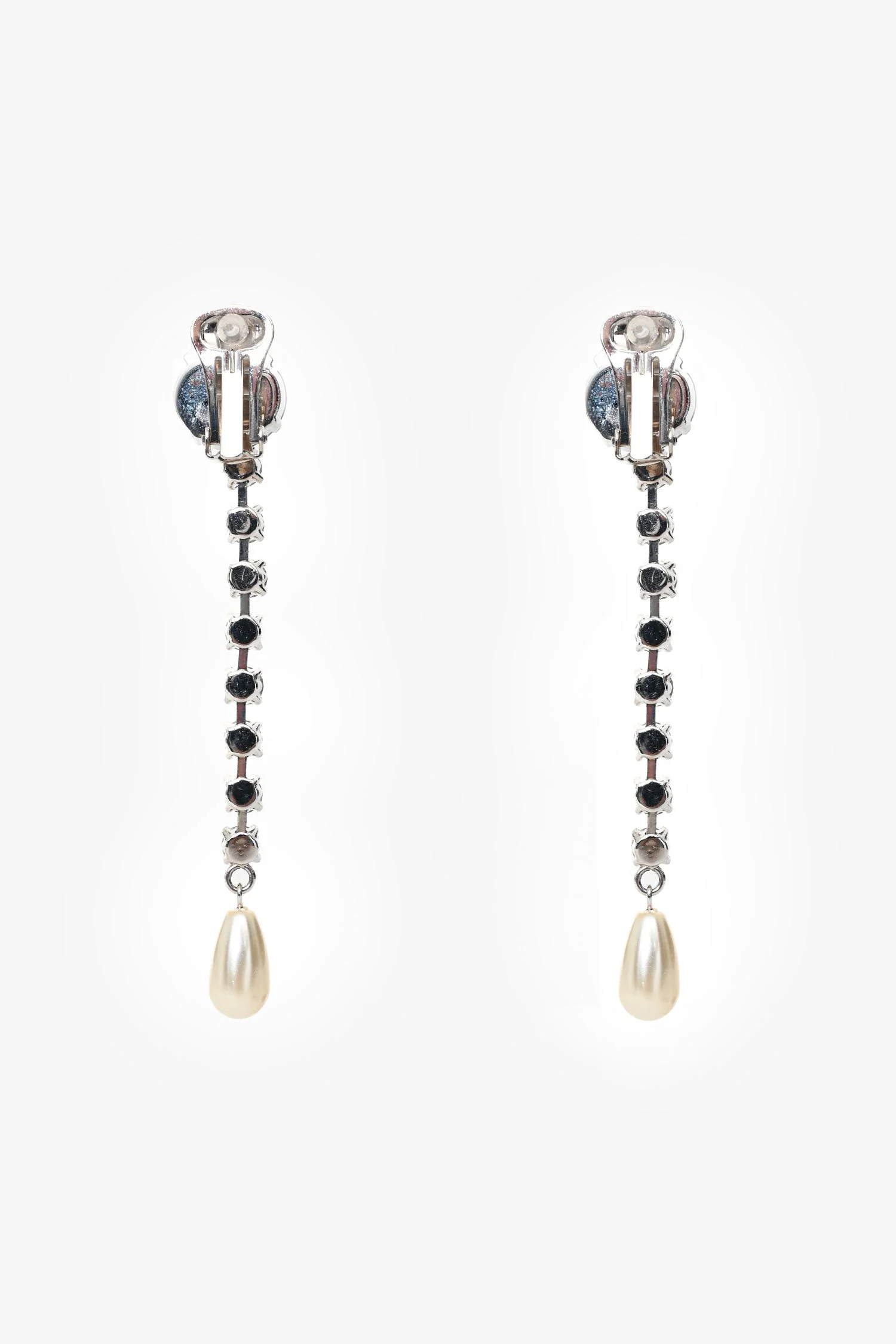 Miu Miu Silver Tone Rhinestone Crystal Pearl Long Drop Earrings - Image 2