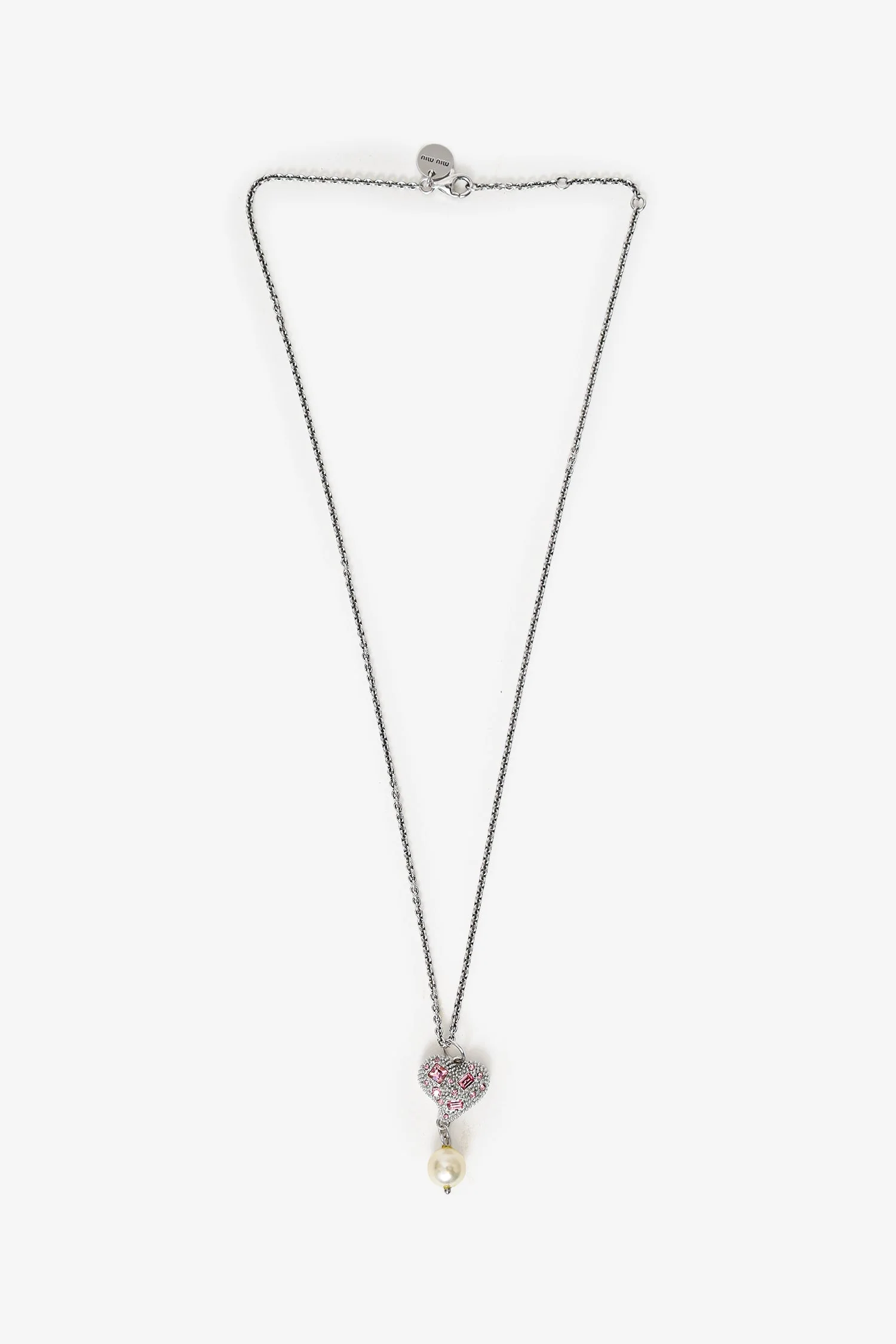 Miu Miu Silver Toned Pink Ribbon Heart Pearl Drop Necklace - Image 2