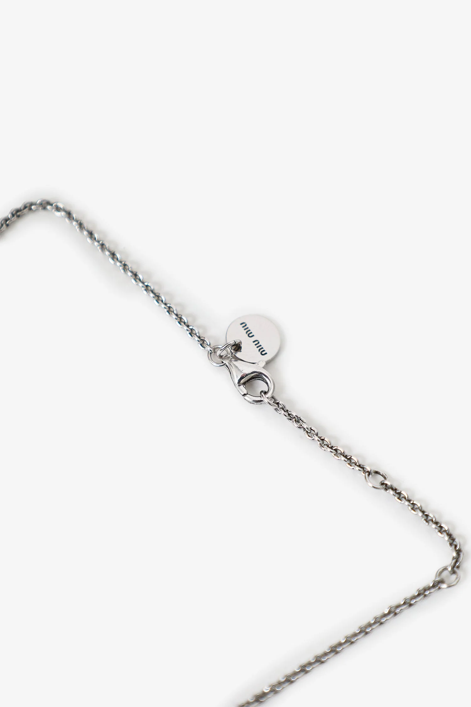 Miu Miu Silver Toned Pink Ribbon Heart Pearl Drop Necklace - Image 4