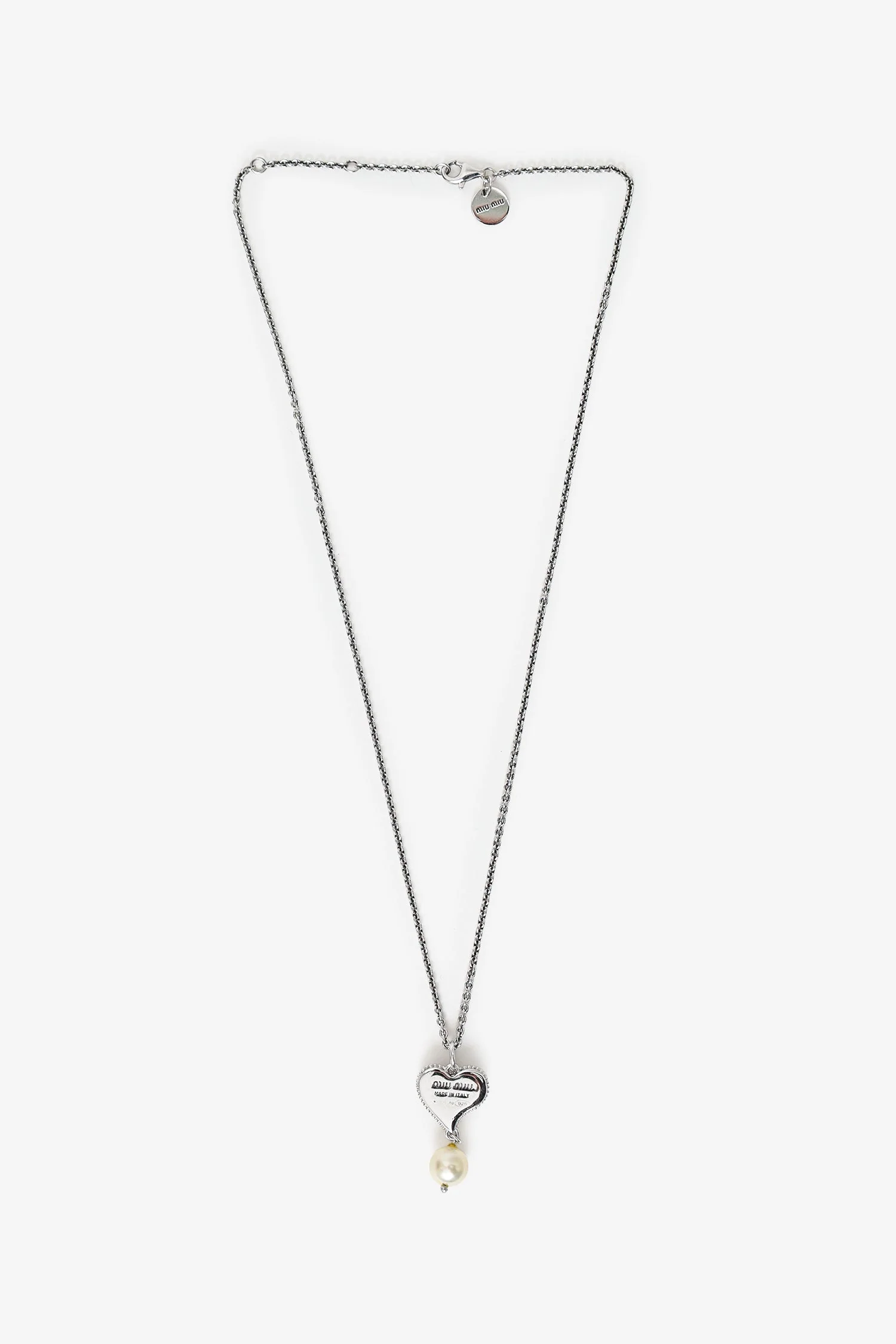 Miu Miu Silver Toned Pink Ribbon Heart Pearl Drop Necklace - Image 5