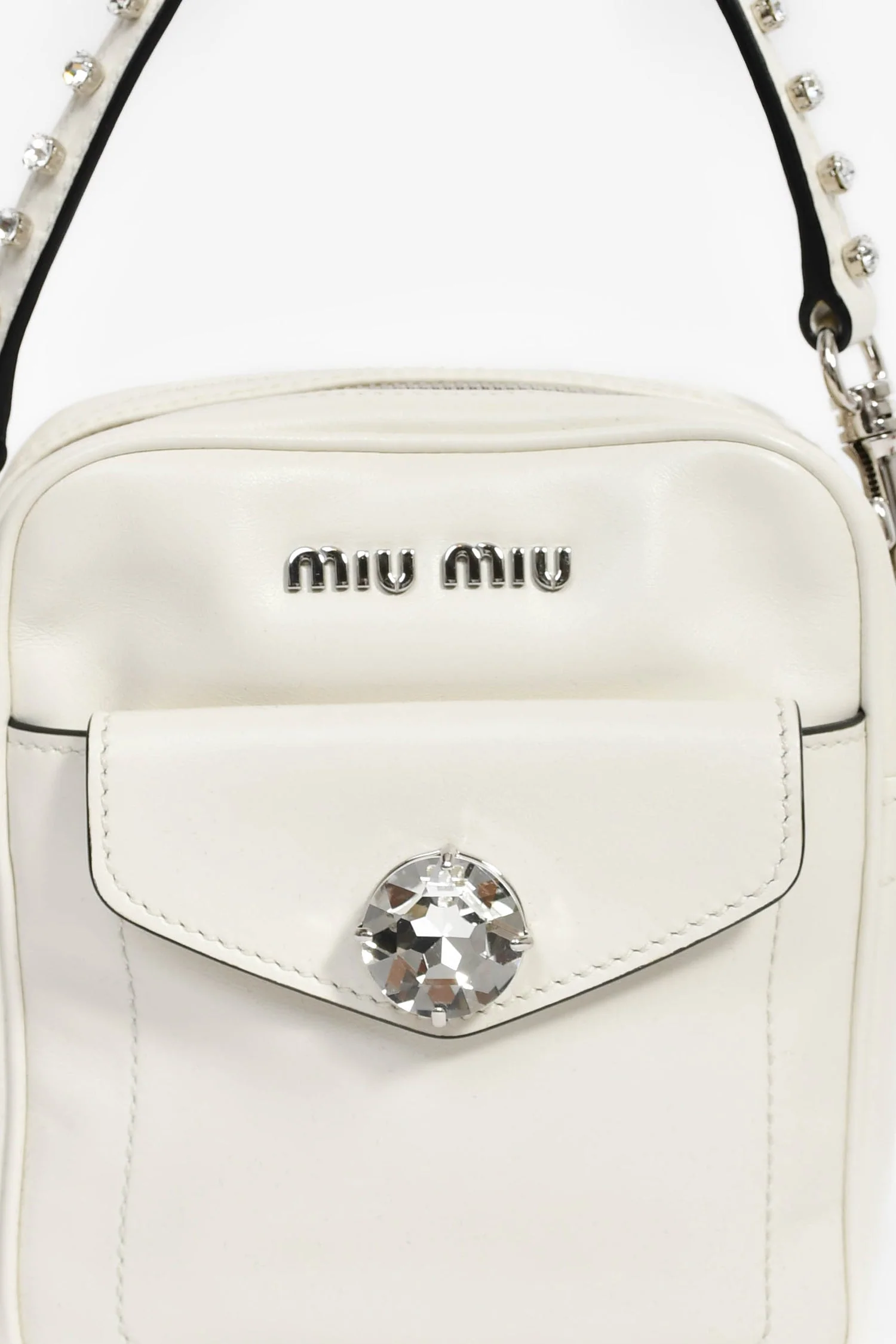 Miu Miu White Leather Crystal Embellished Top Handle - Image 6