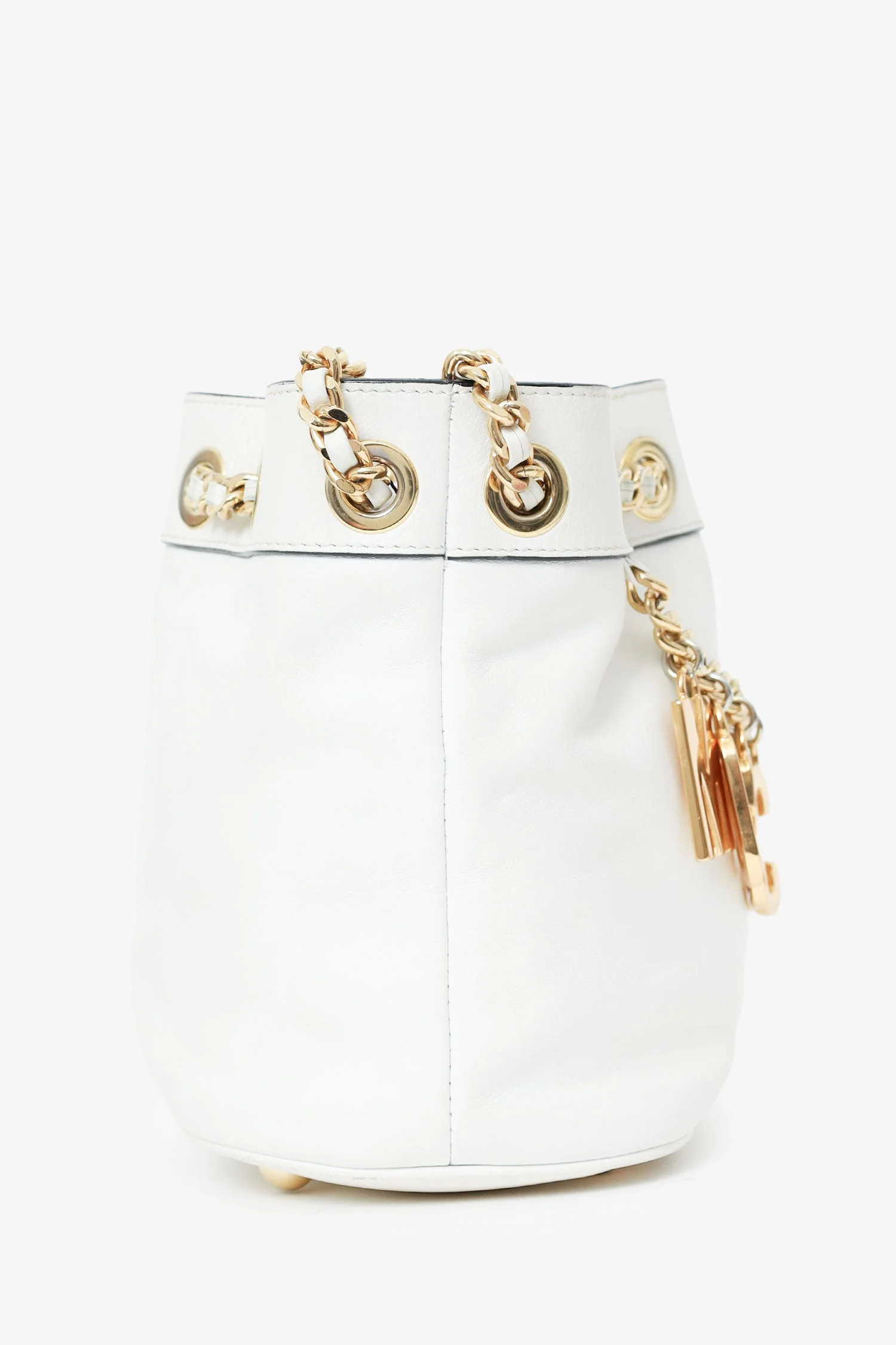 Moschino White Leather Logo Chain Bucket Bag - Image 3