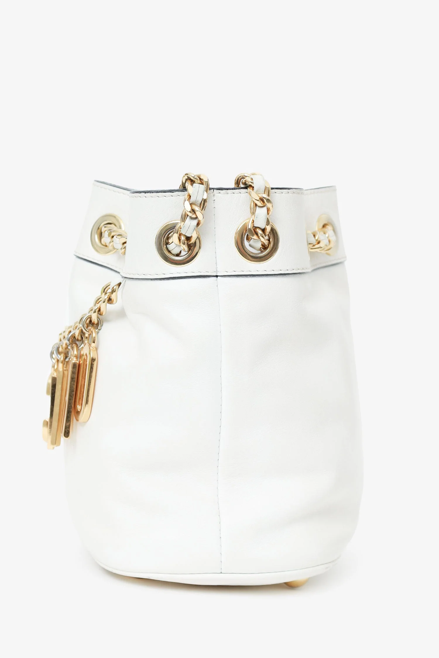 Moschino White Leather Logo Chain Bucket Bag - Image 4