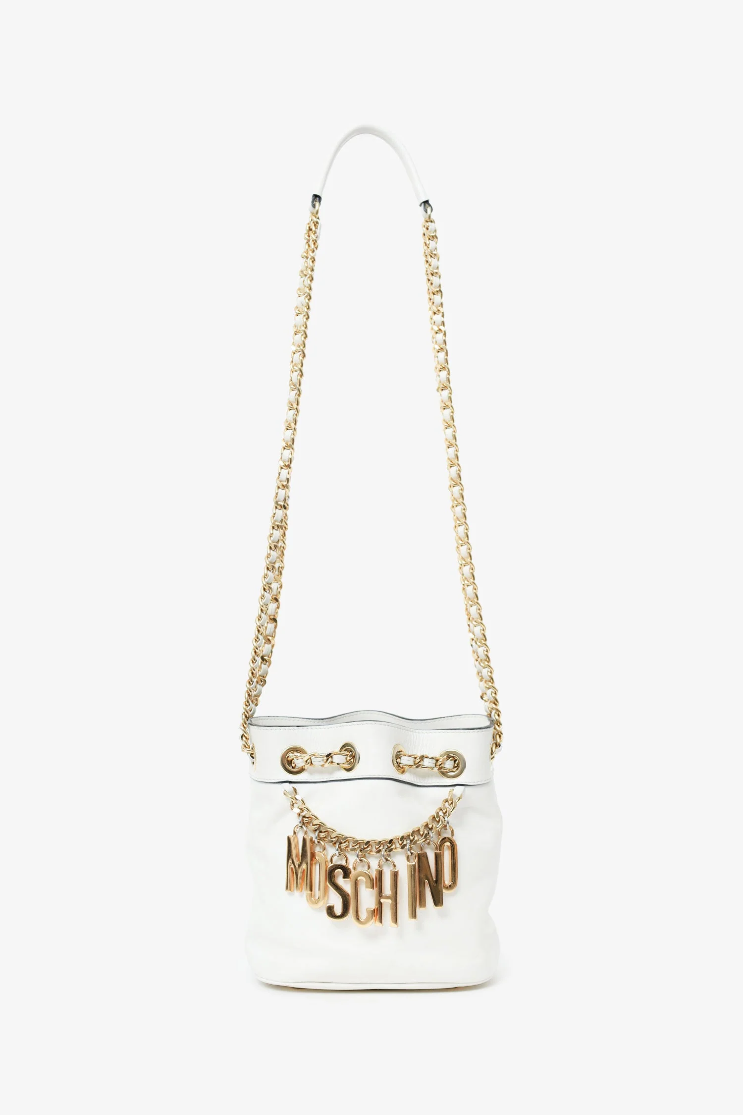Moschino White Leather Logo Chain Bucket Bag - Image 7