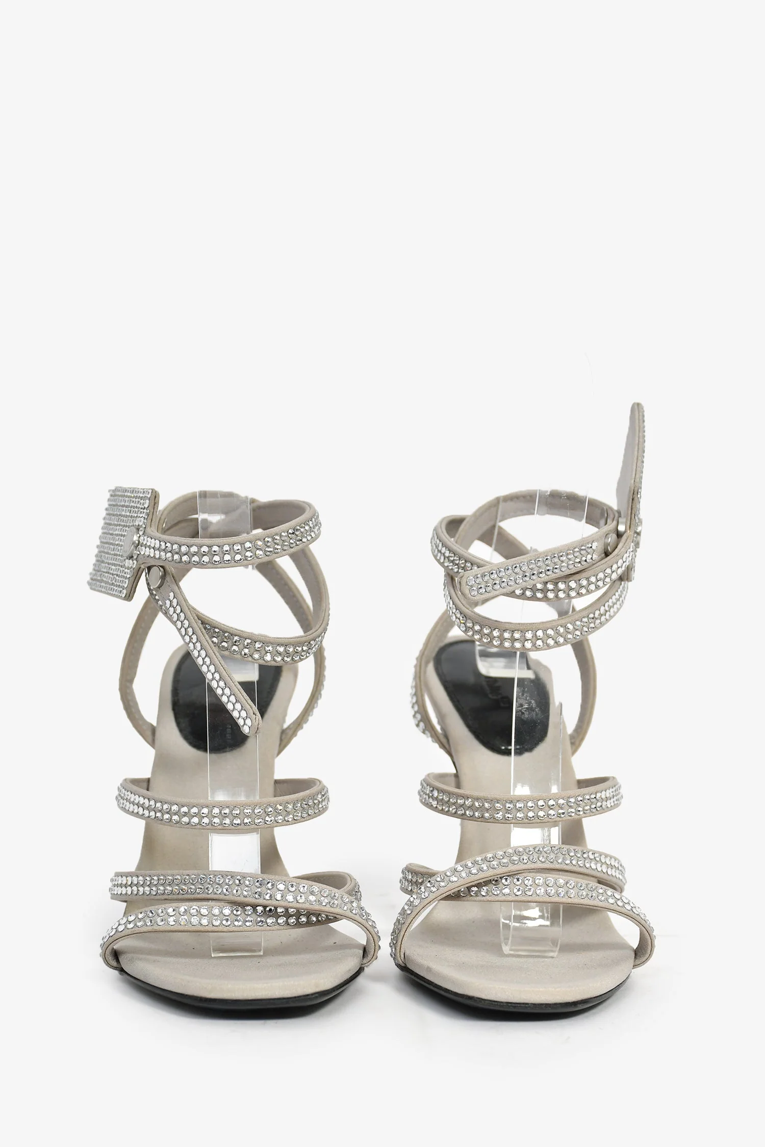 Off-White Grey Satin Crystal Wrap Heeled Sandals Size 35 - Image 3