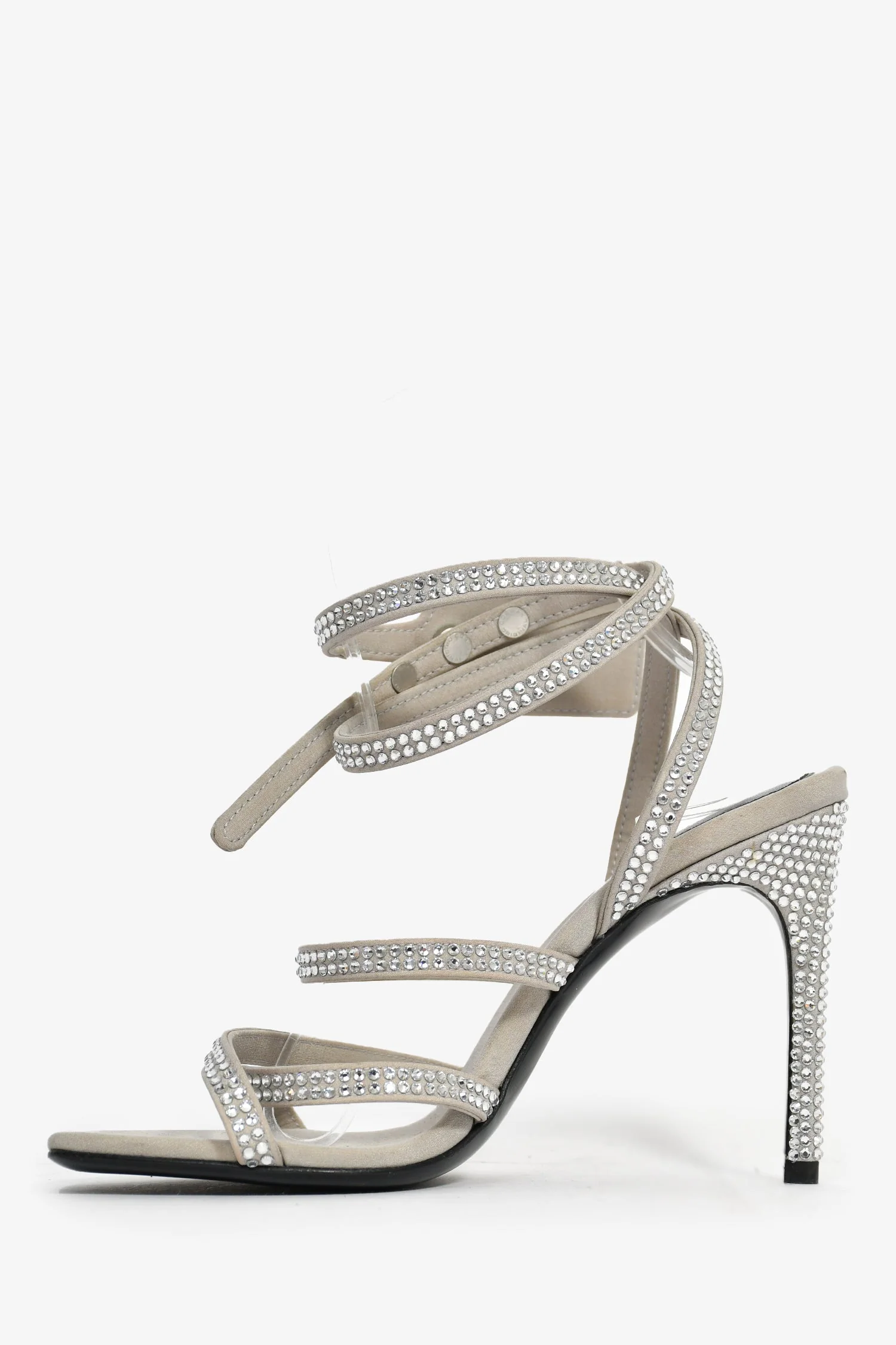 Off-White Grey Satin Crystal Wrap Heeled Sandals Size 35 - Image 4