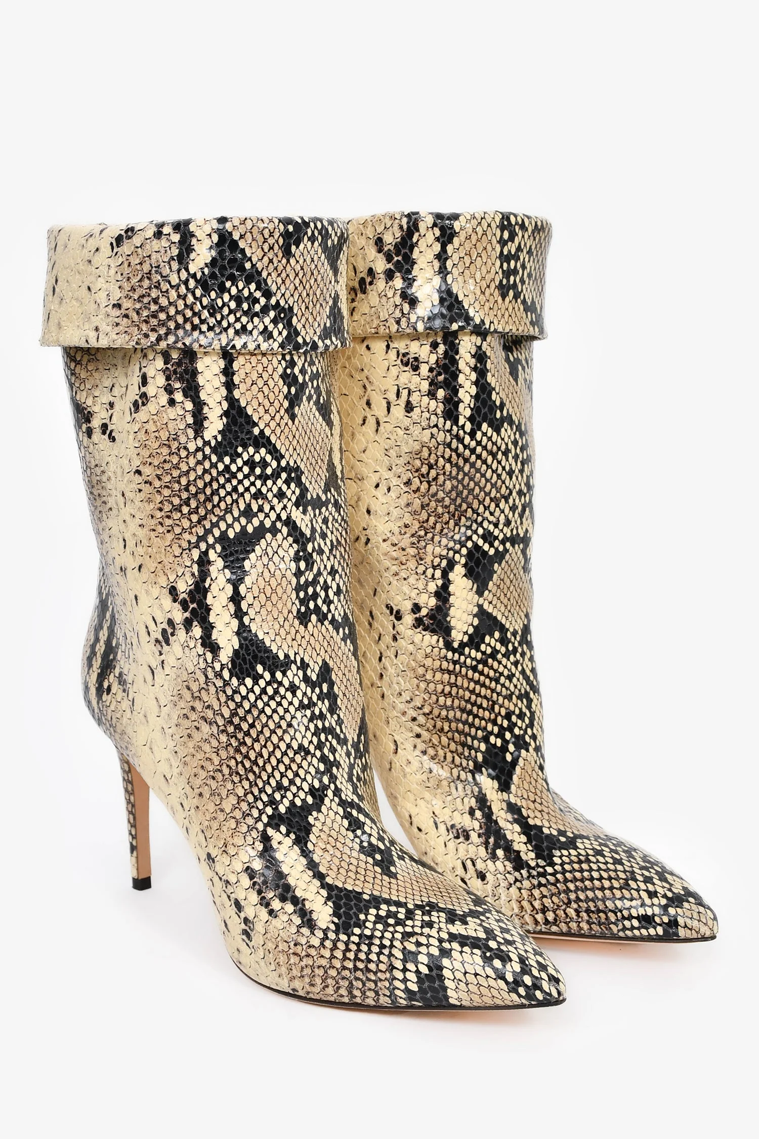 Paris Texas Beige Snake Embossed Pointed Toe Heeled Calf Boots Size 38.5 - Image 2