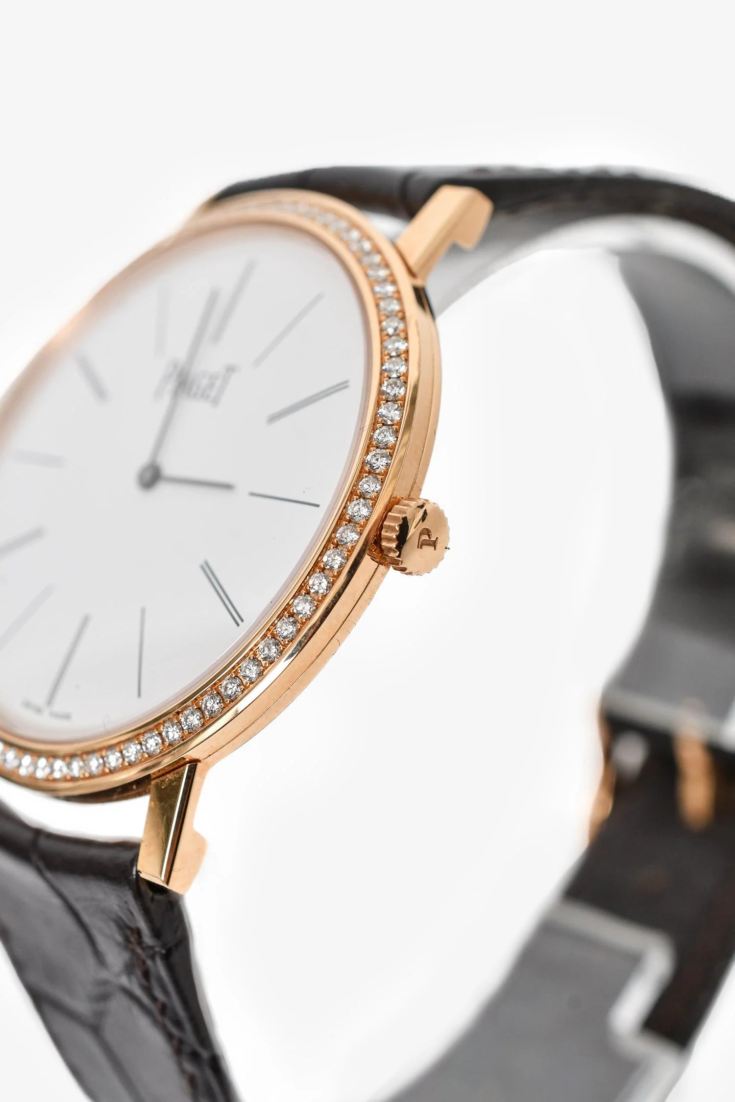 Piaget 18K Rose Gold/Brown Alligator Diamond Bezel 'Altiplano' 38mm Automatic Watch - Image 3