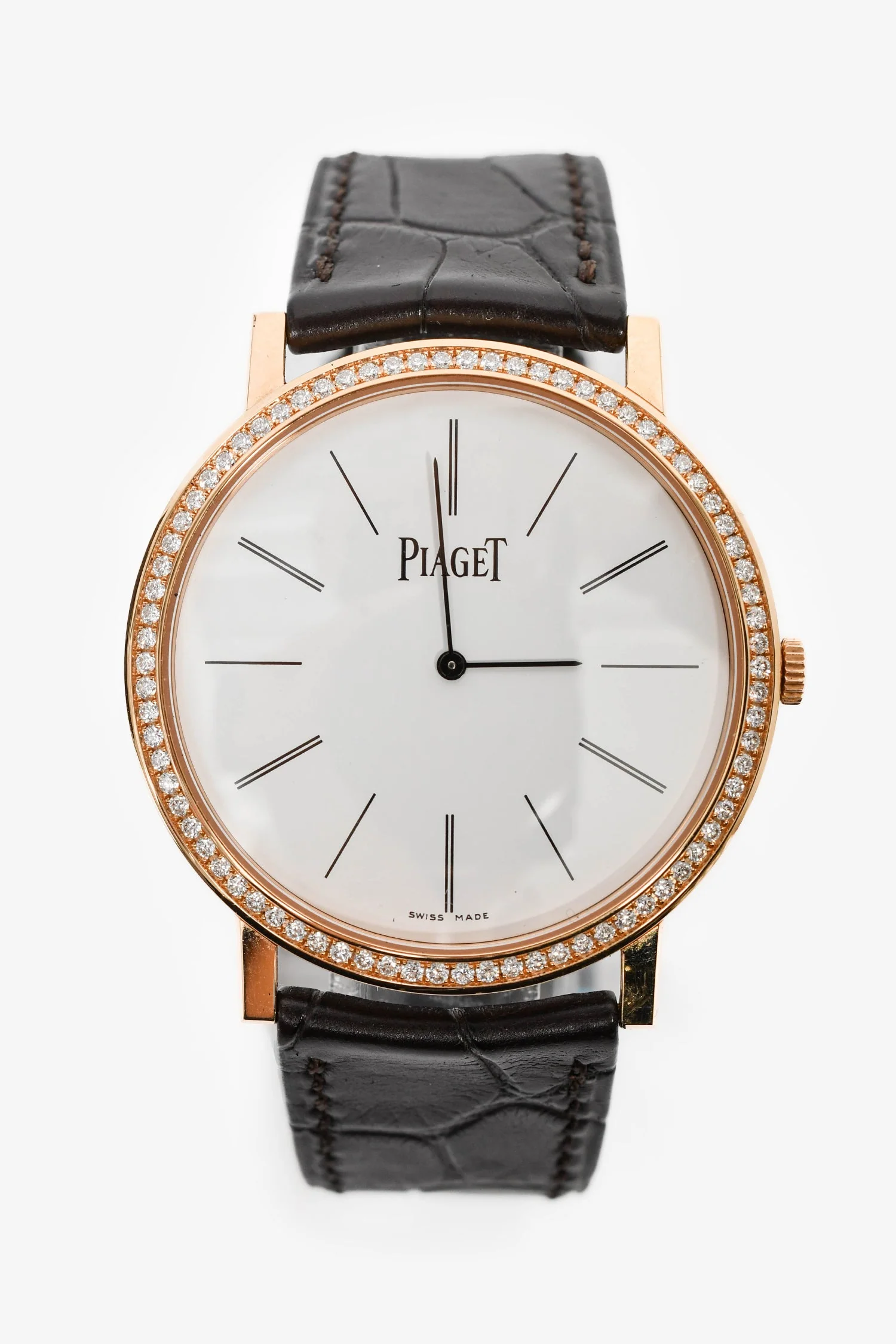 Piaget 18K Rose Gold/Brown Alligator Diamond Bezel 'Altiplano' 38mm Automatic Watch - Image 4