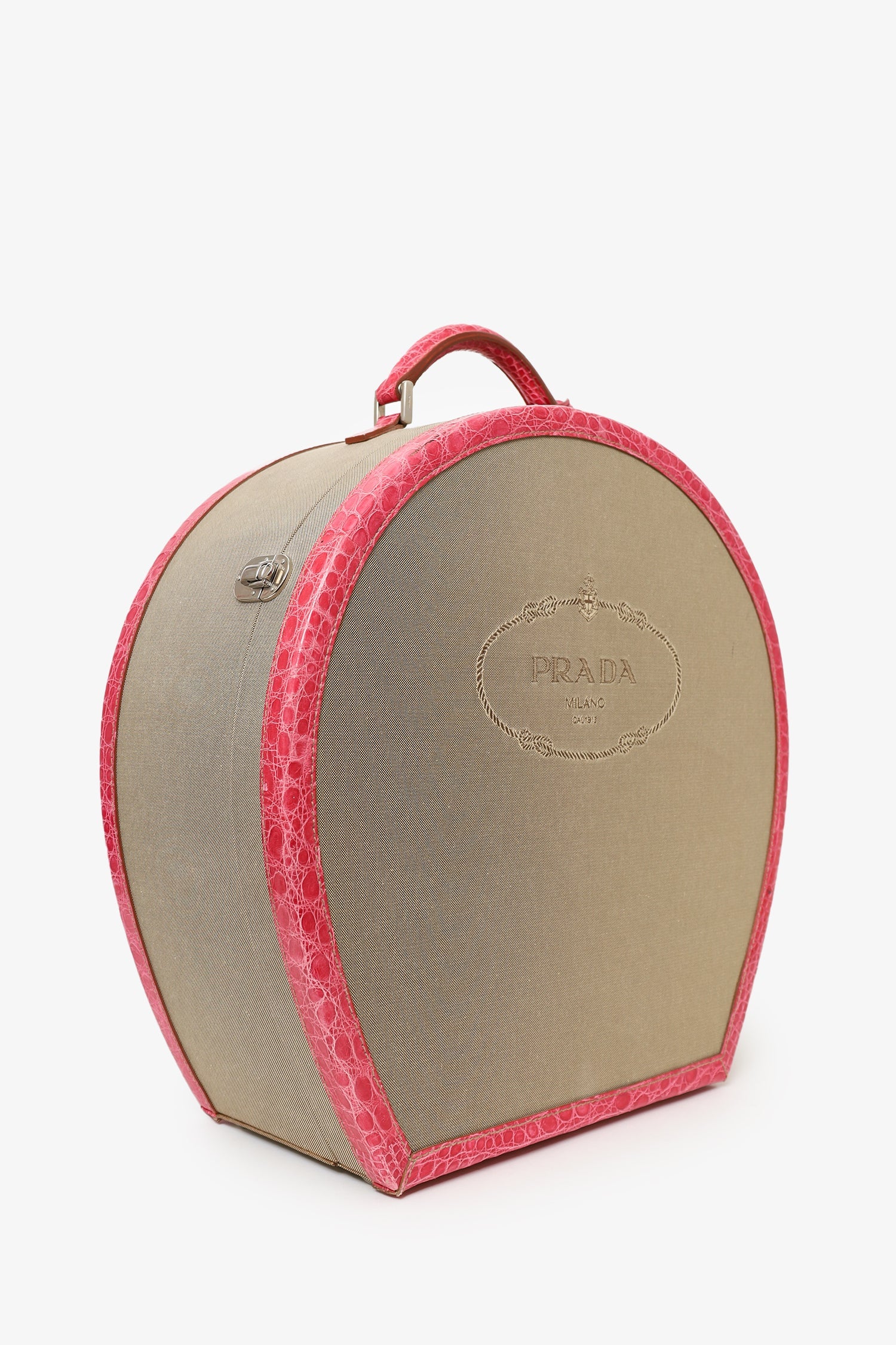 Prada Beige Canvas Pink Crocodile Trim Hat Box - Image 2