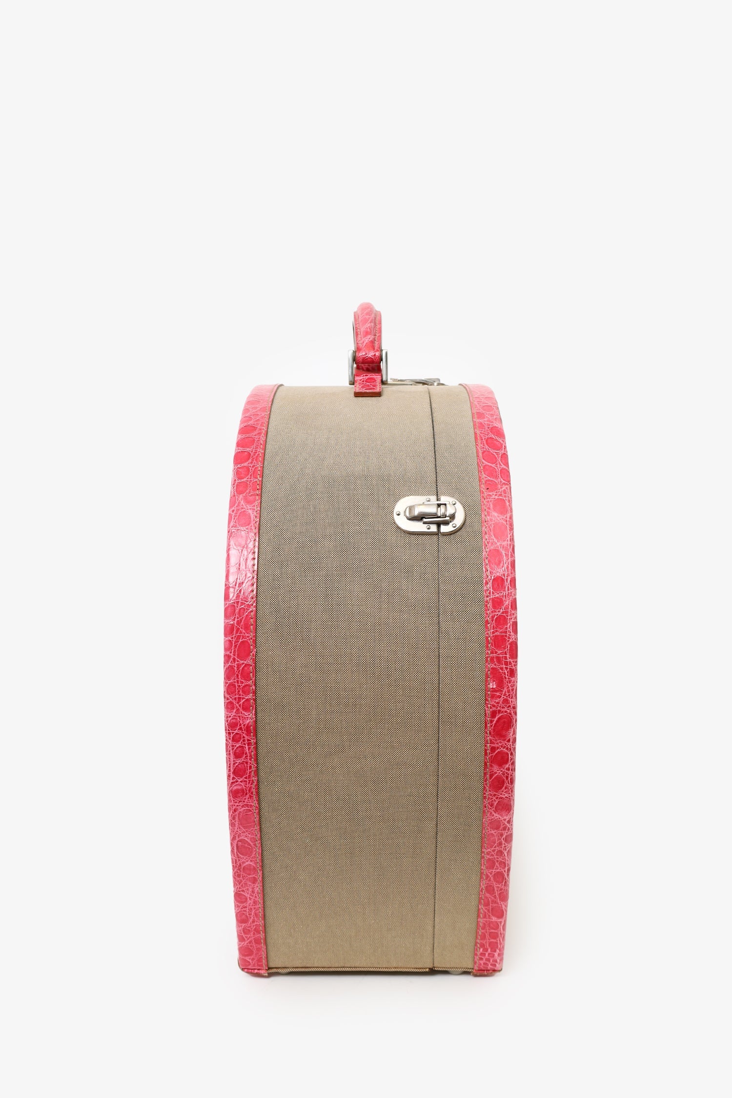 Prada Beige Canvas Pink Crocodile Trim Hat Box - Image 3