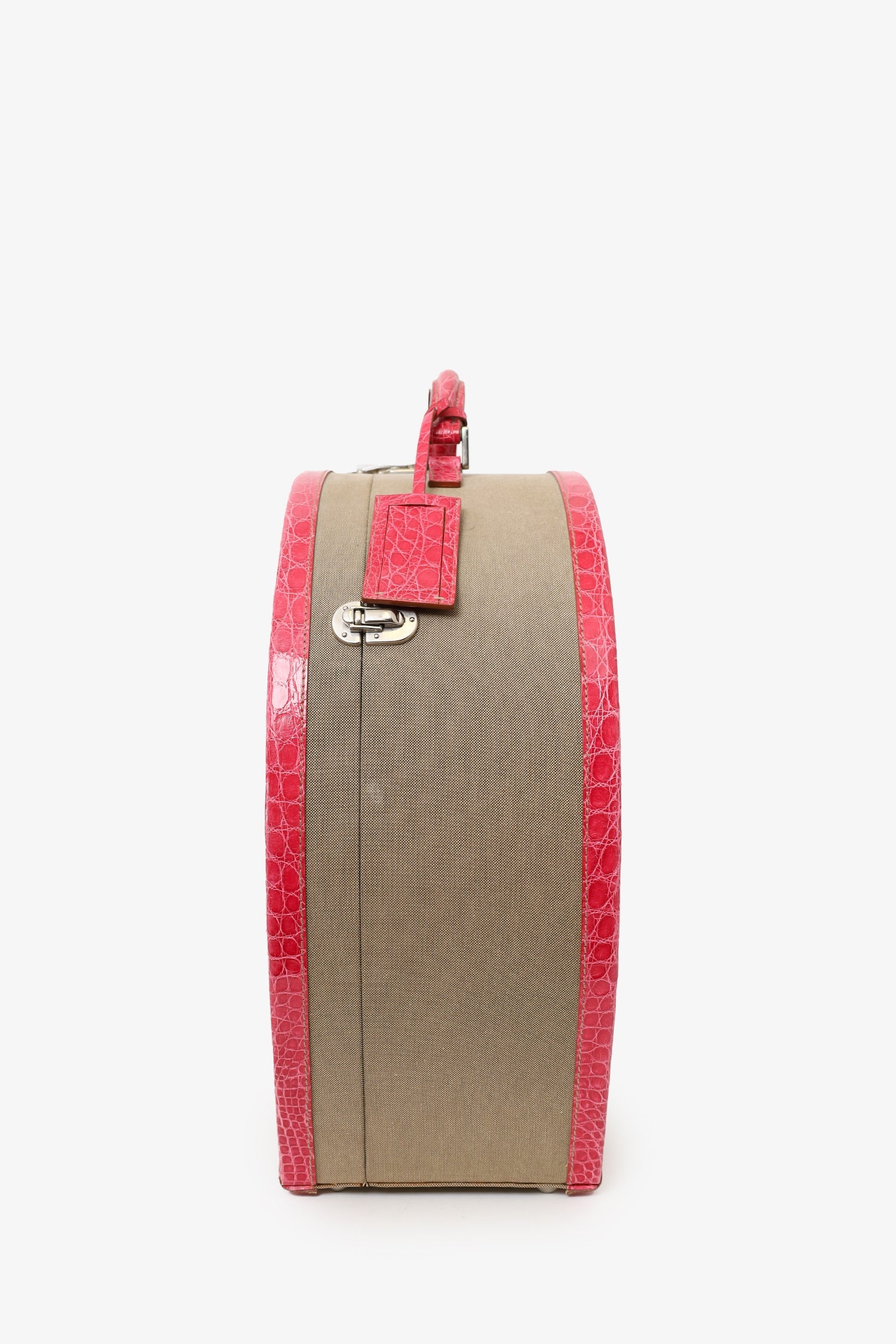Prada Beige Canvas Pink Crocodile Trim Hat Box - Image 5