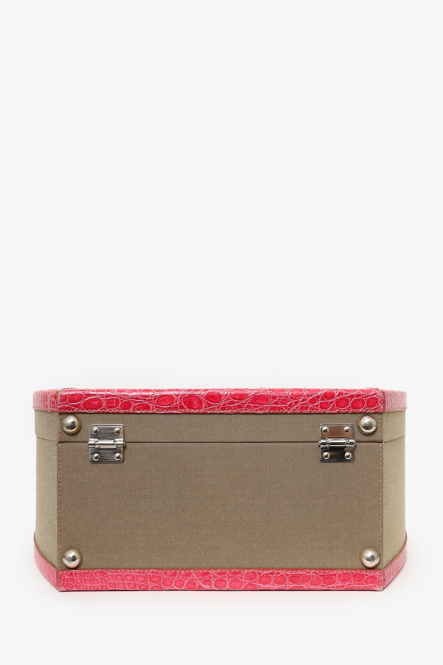 Prada Beige Canvas Pink Crocodile Trim Hat Box - Image 6