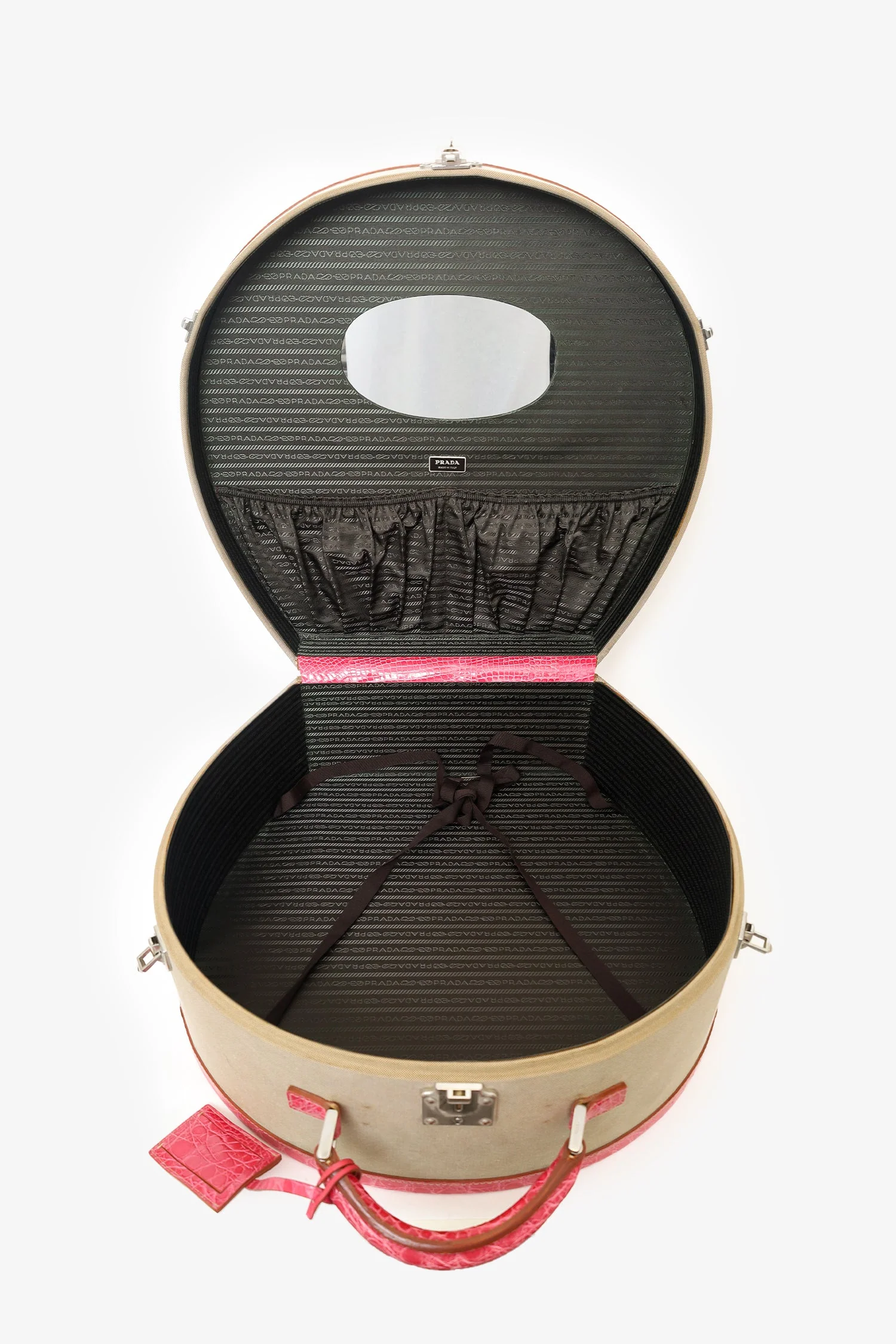 Prada Beige Canvas Pink Crocodile Trim Hat Box - Image 7
