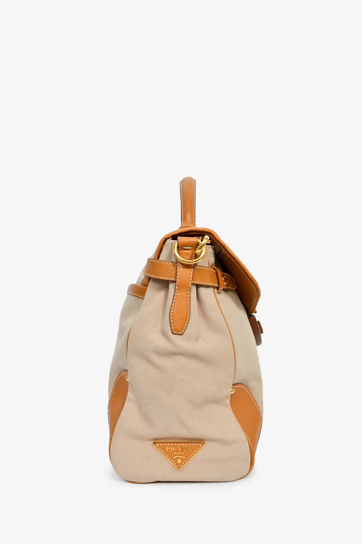 Prada Beige Canvas/Tan Leather Top Handle Messenger Bag - Image 3