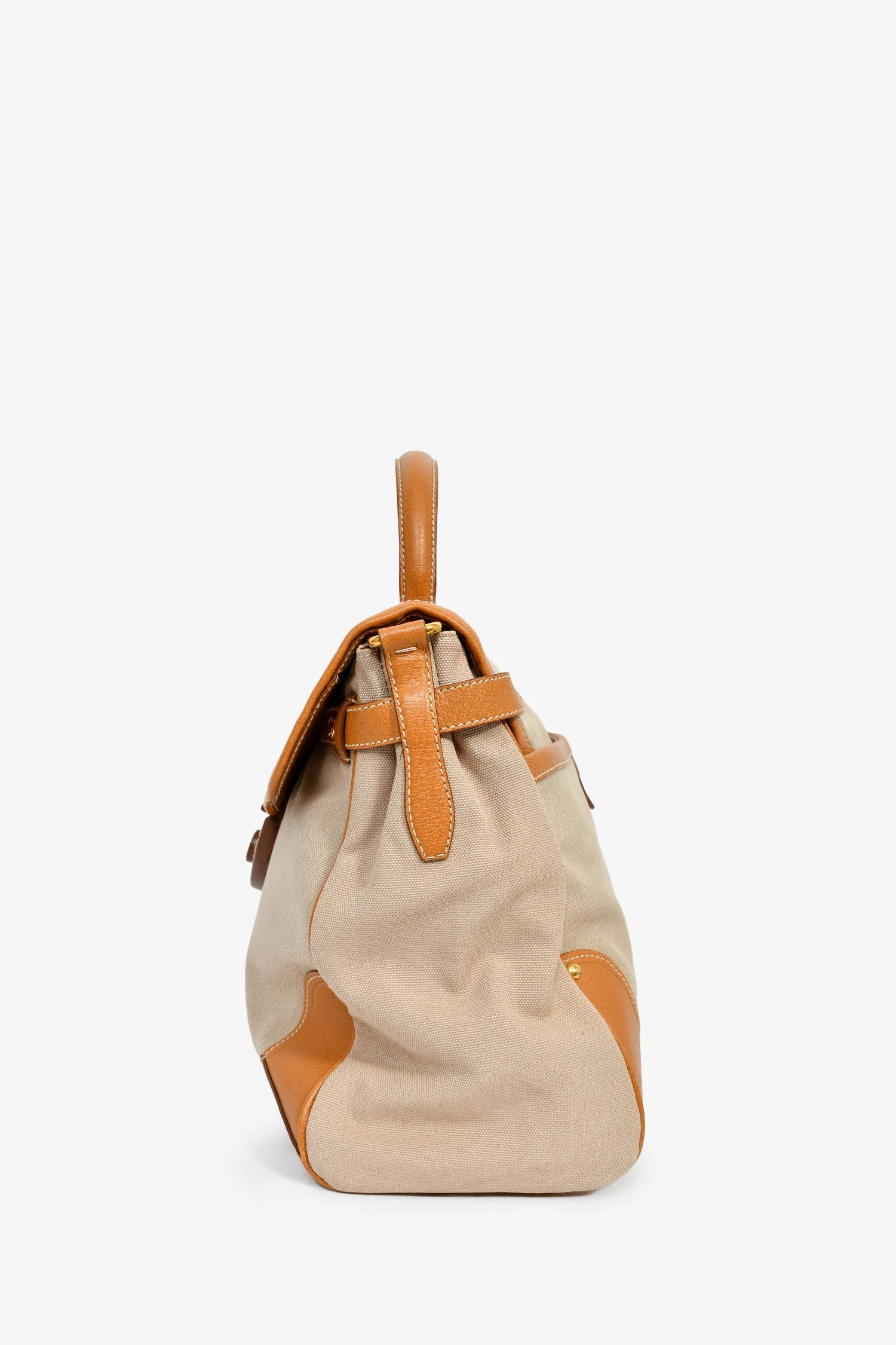 Prada Beige Canvas/Tan Leather Top Handle Messenger Bag - Image 4