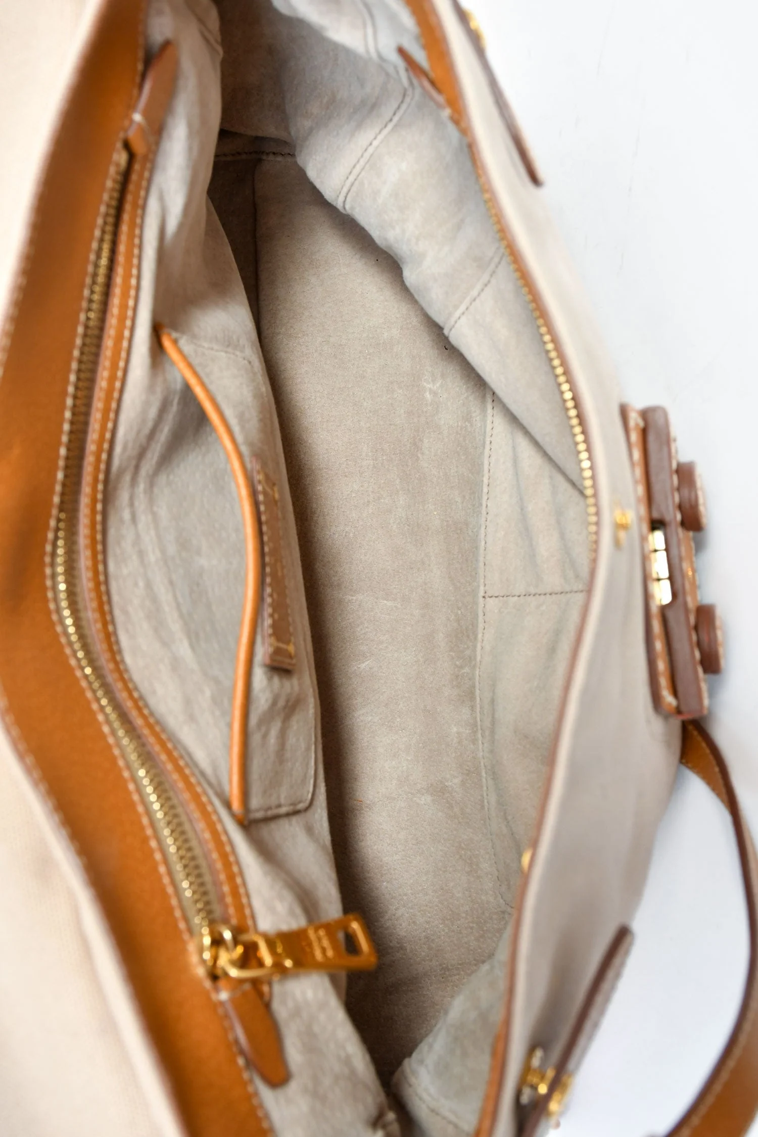 Prada Beige Canvas/Tan Leather Top Handle Messenger Bag - Image 6
