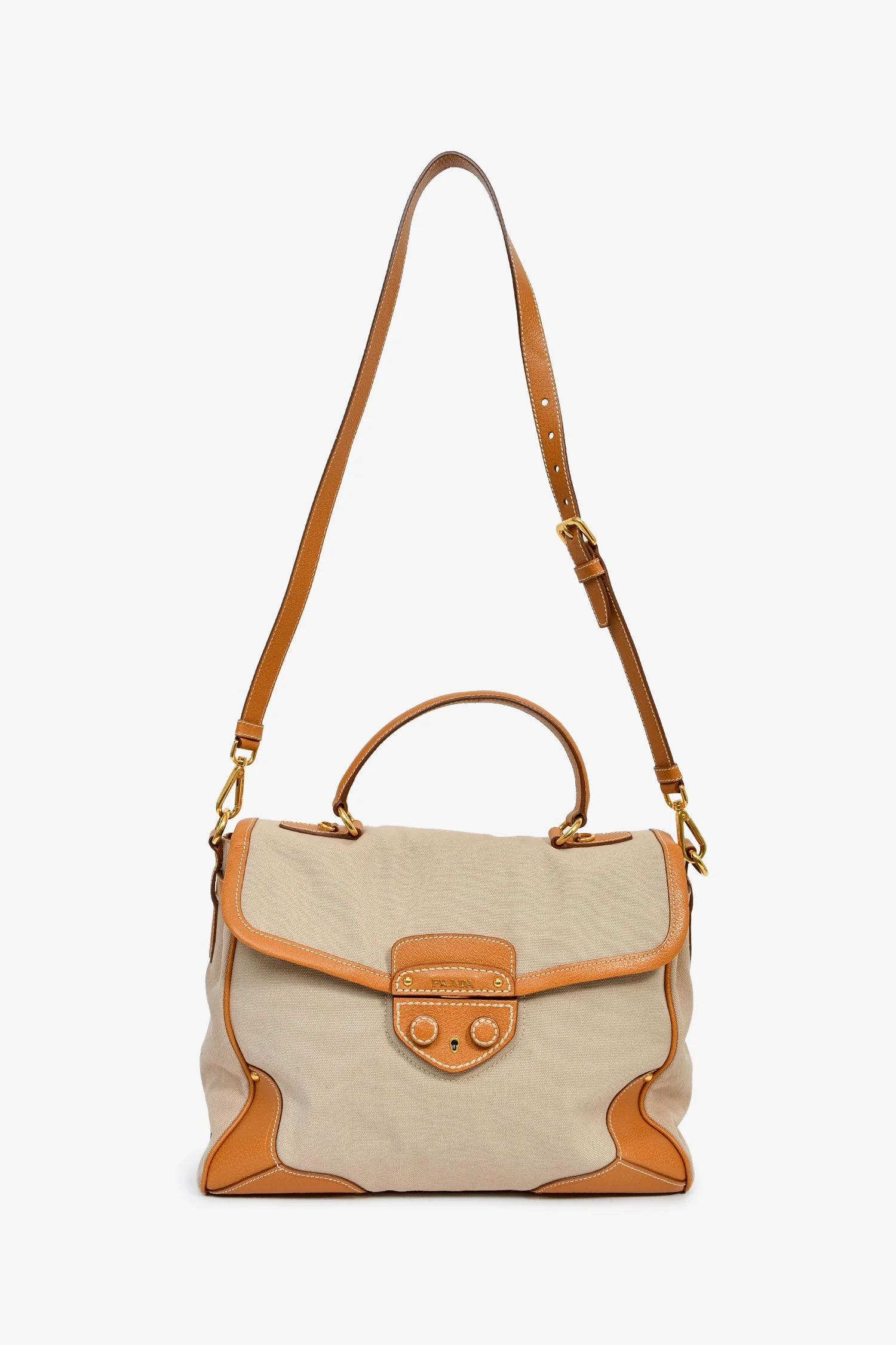 Prada Beige Canvas/Tan Leather Top Handle Messenger Bag - Image 7