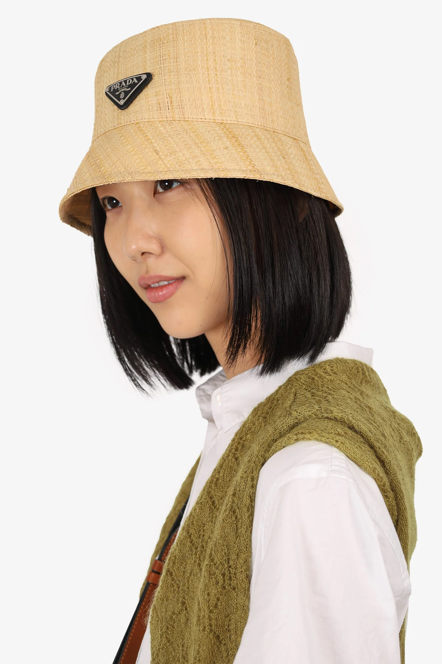 Prada Beige Straw Triangle Logo Bucket Hat Size S - Image 4