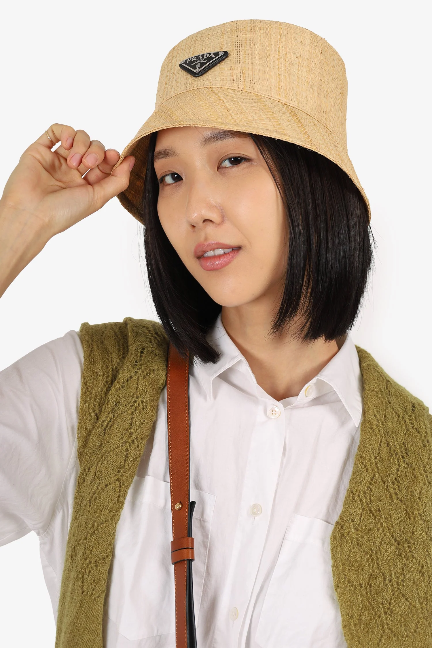 Prada Beige Straw Triangle Logo Bucket Hat Size S - Image 5