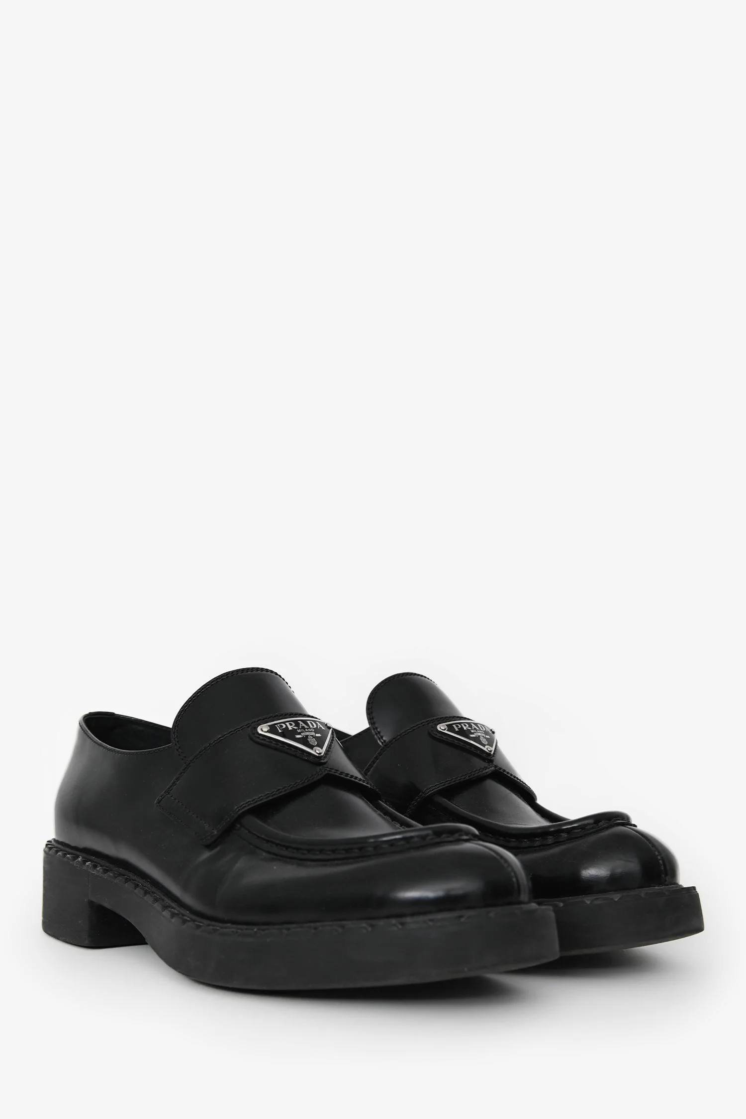 Prada Black Brushed Leather Logo Plaque Loafers Size 39.5 - Image 2