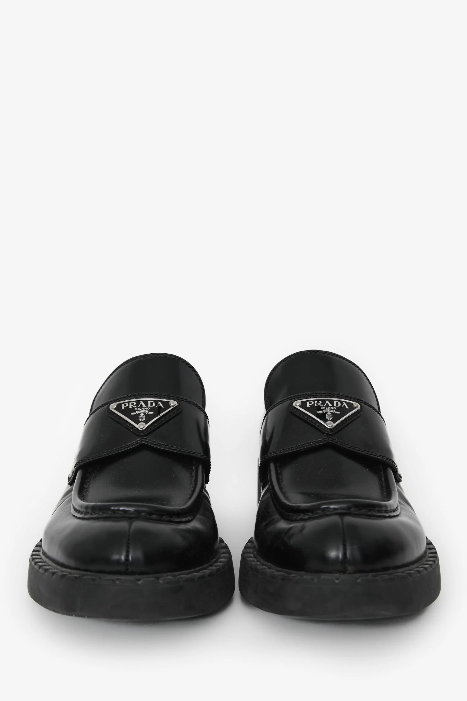 Prada Black Brushed Leather Logo Plaque Loafers Size 39.5 - Image 3